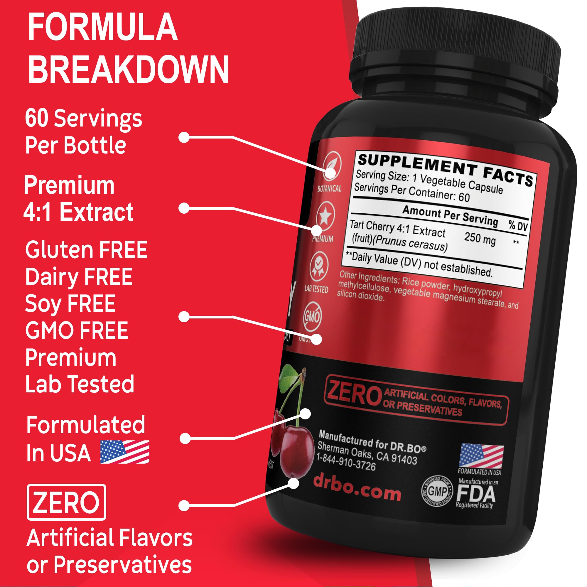 DR. BO Tart Cherry Extract Capsules in a hand