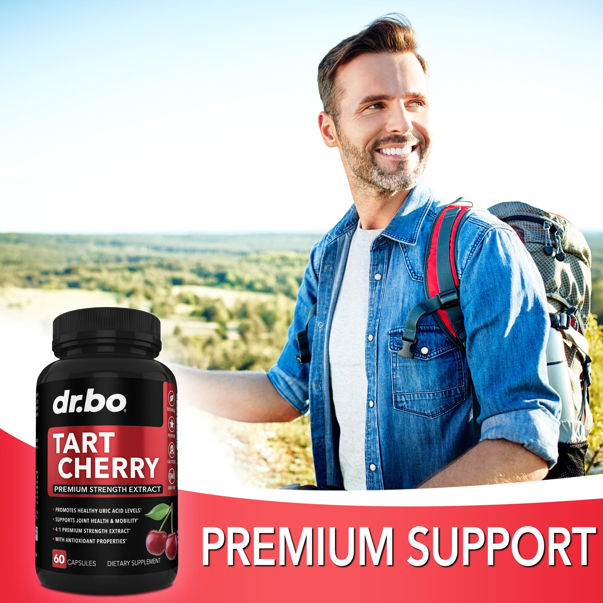 DR. BO Tart Cherry Extract Capsules on a wooden table