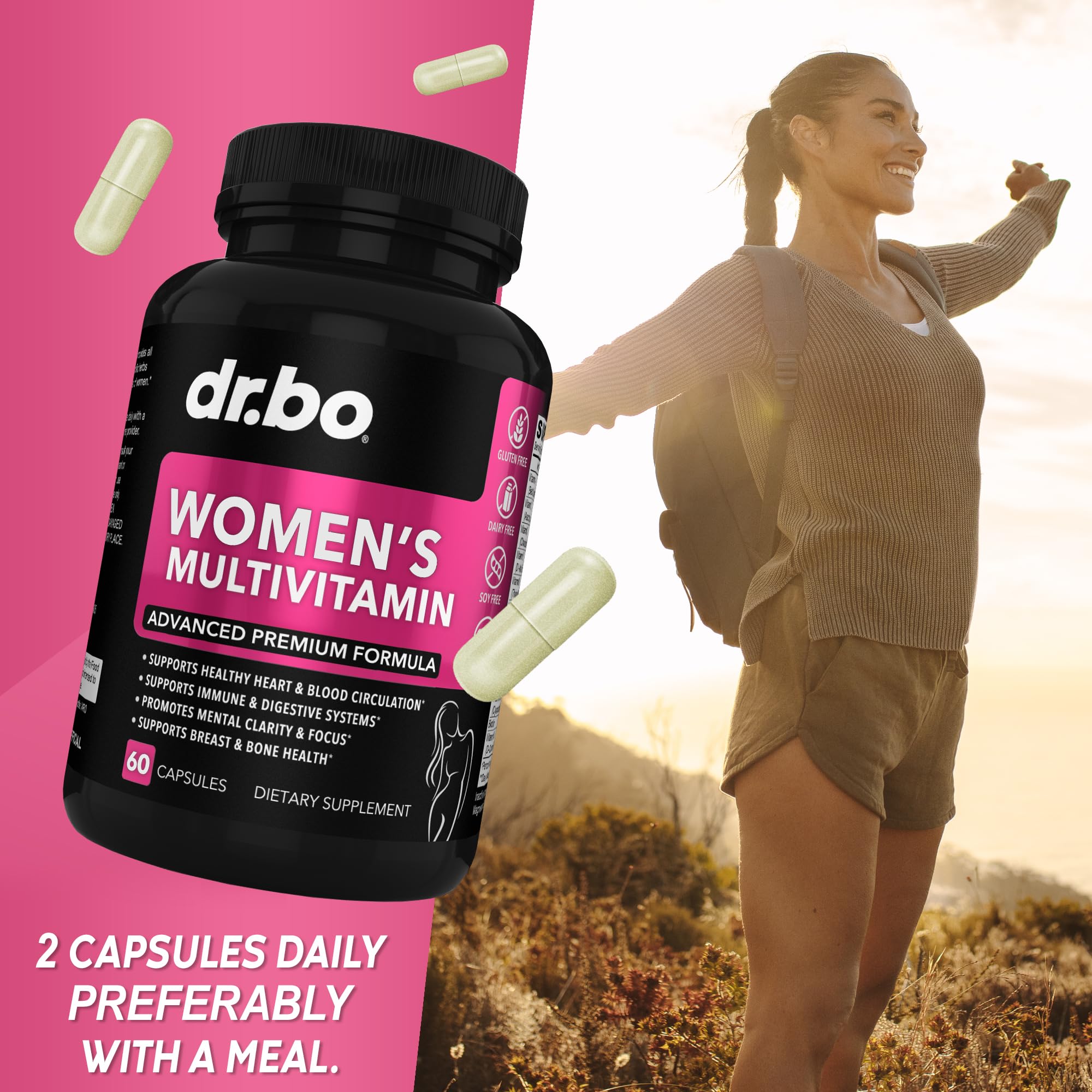 DR. BO Women's Multivitamin Supplement with a glass of water