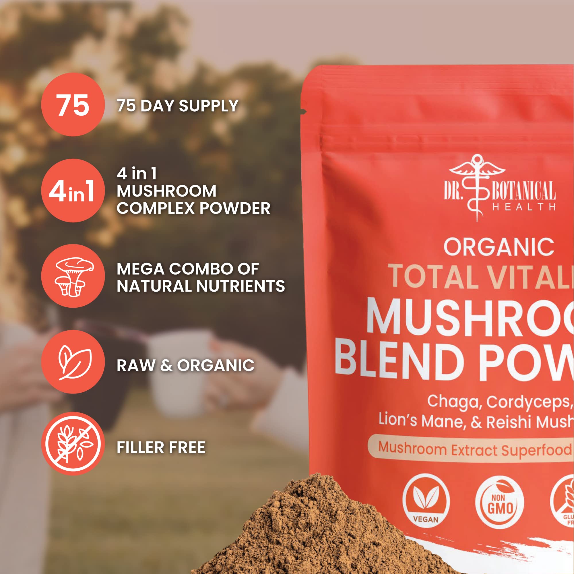 Dr. Botanical Health 4 in 1 Mushroom Complex lifestyle scene with smoothie