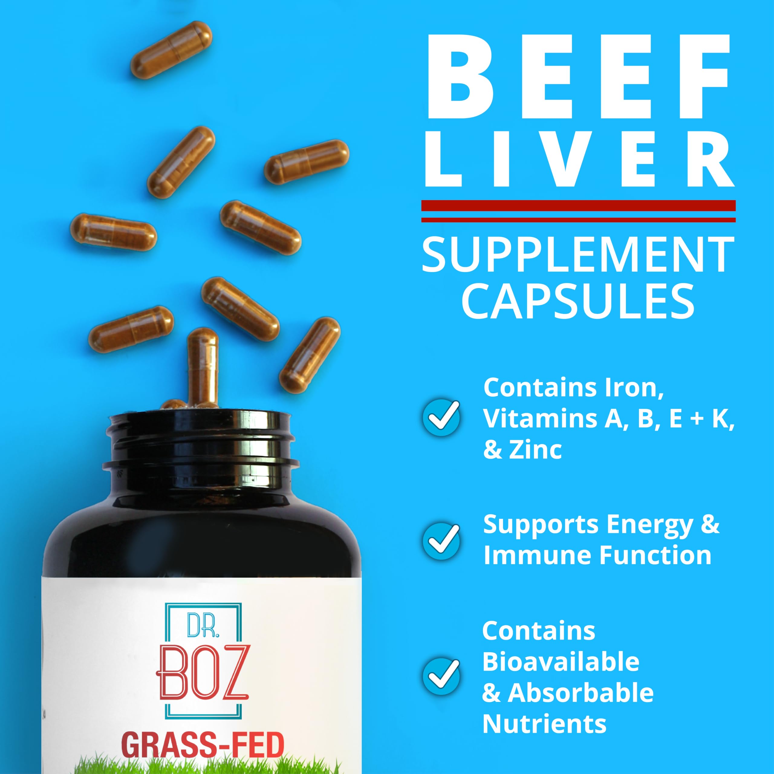 Dr. Boz Beef Liver Capsules side view showing capsule size