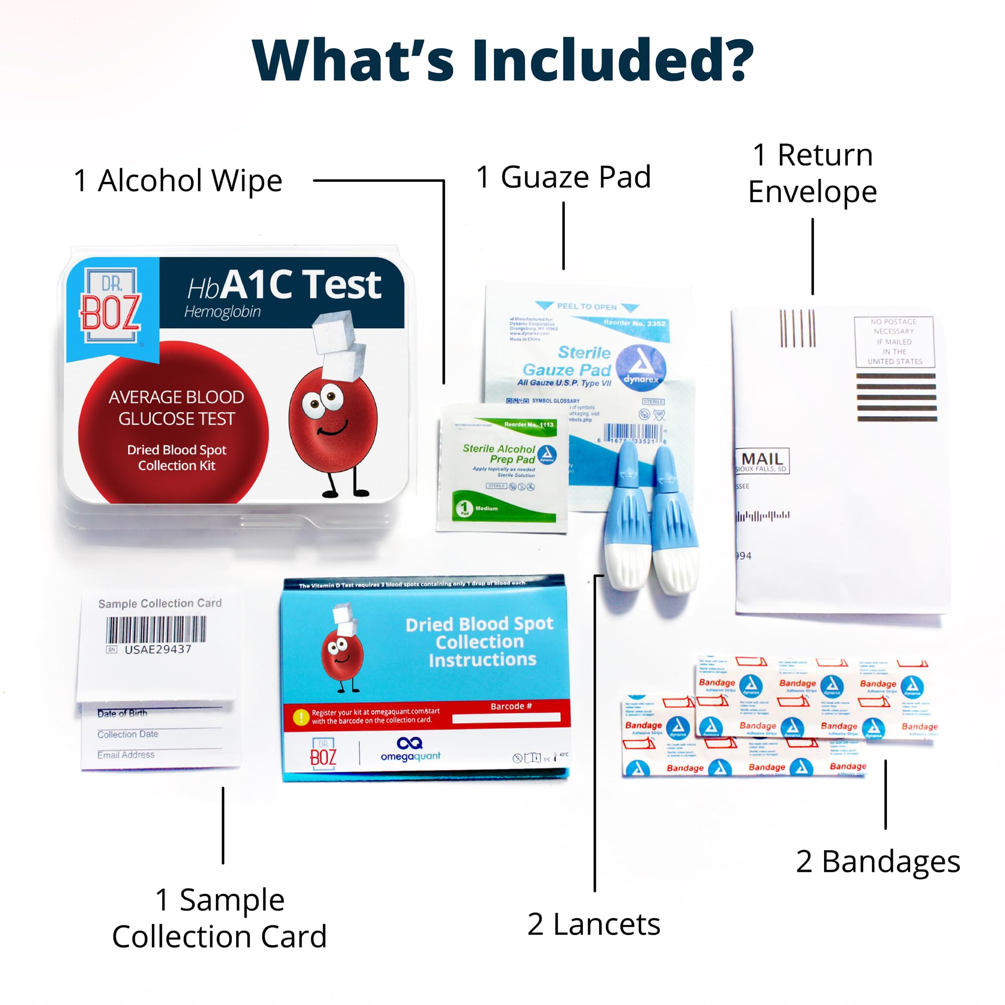 Dr. Boz Hemoglobin A1C Test Kit instructions and components