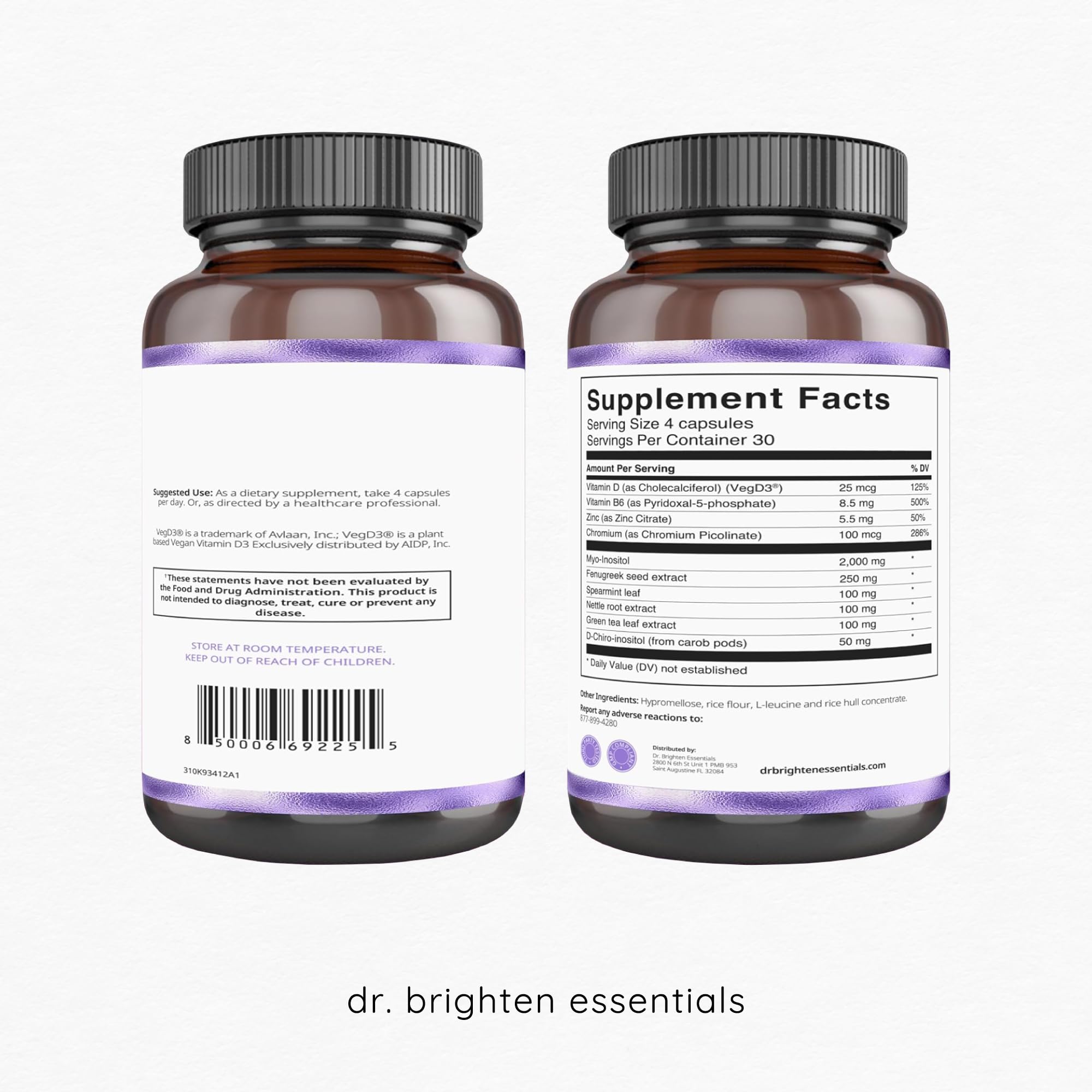 Dr. Brighten Myo-Inositol Plus supplement back view with ingredients