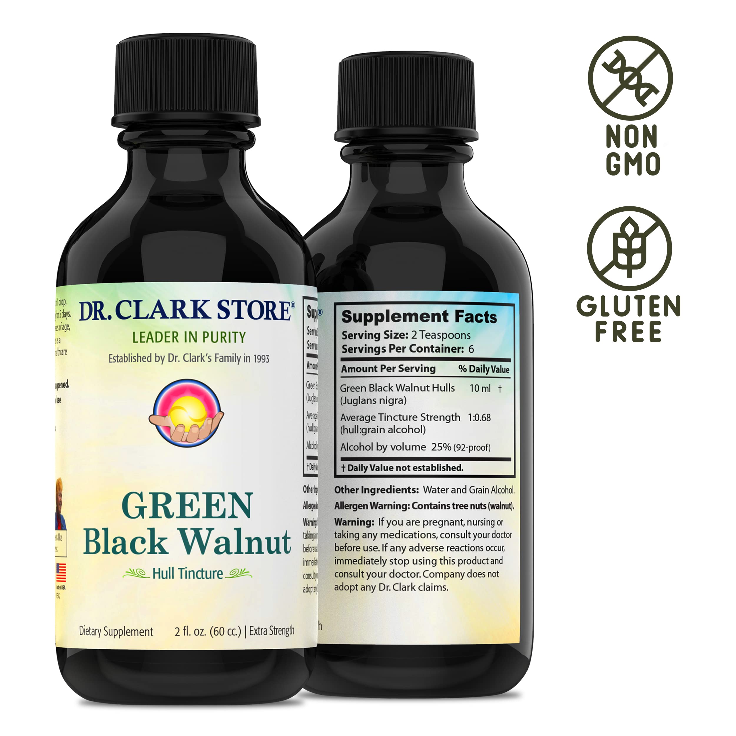 Dr Clark Store Green Black Walnut Hull Tincture on wooden table
