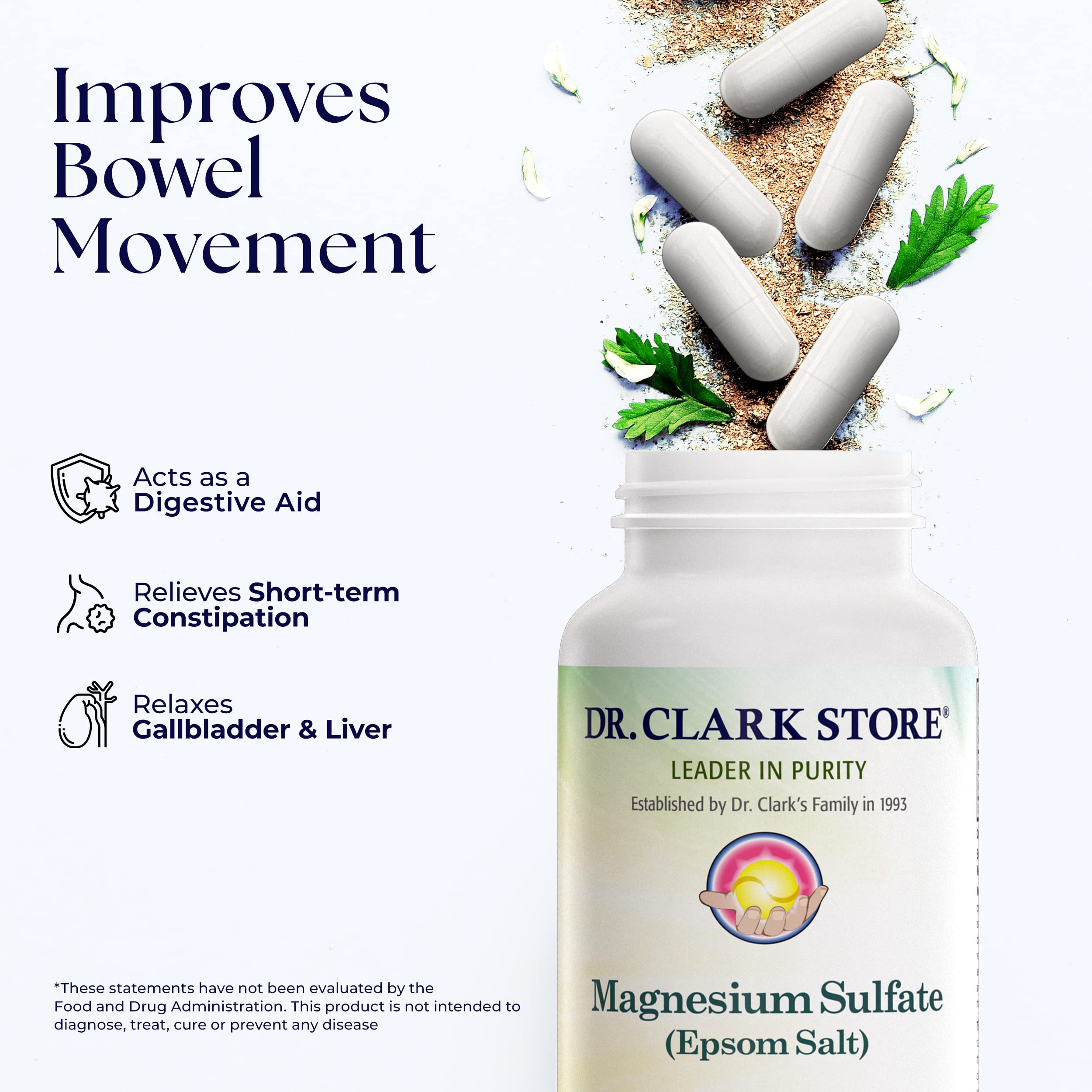 Dr Clark Store Magnesium Sulfate Capsules on a wooden table
