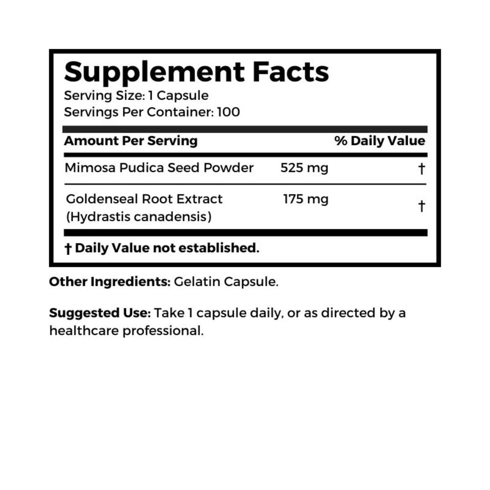 Dr Clark Store Mimosa Pudica Goldenseal Capsules with ingredients
