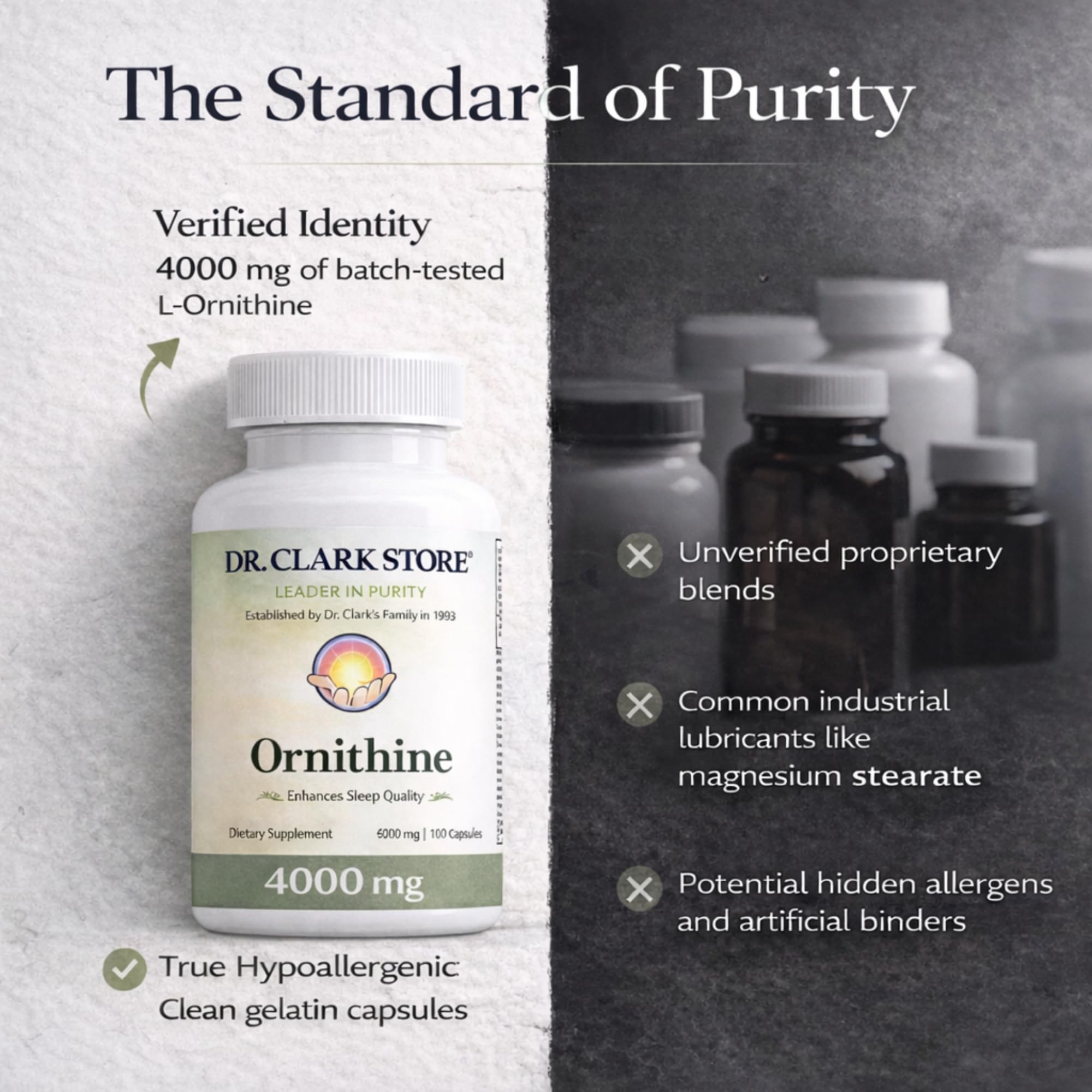 Dr Clark Store Ornithine Supplement 500mg bottle with capsules