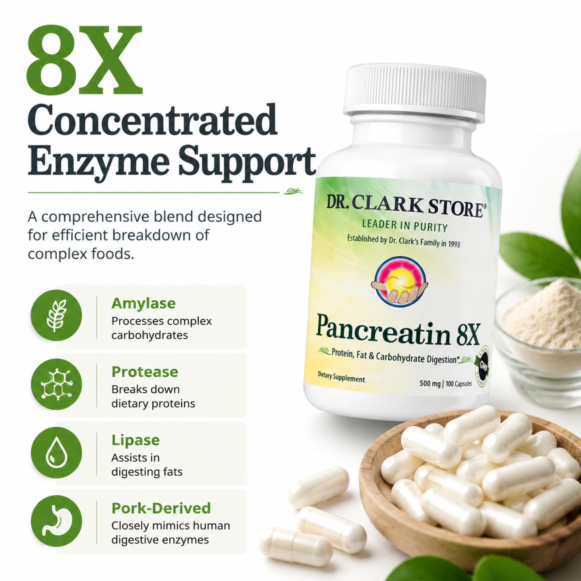 Dr Clark Store Pancreatin 8X Multi-Enzyme Supplement bottle with label