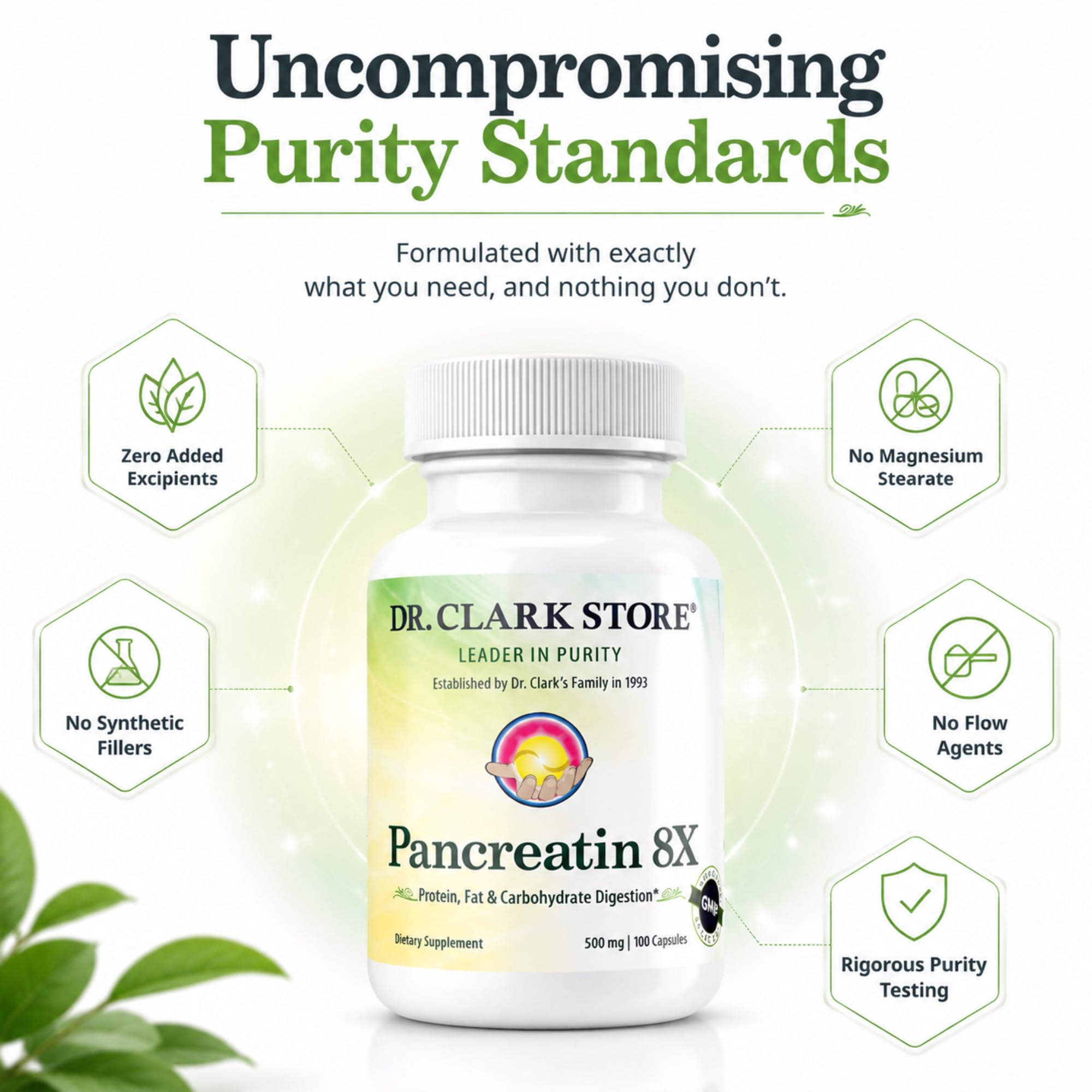 Dr Clark Store Pancreatin 8X Multi-Enzyme Supplement capsule in hand