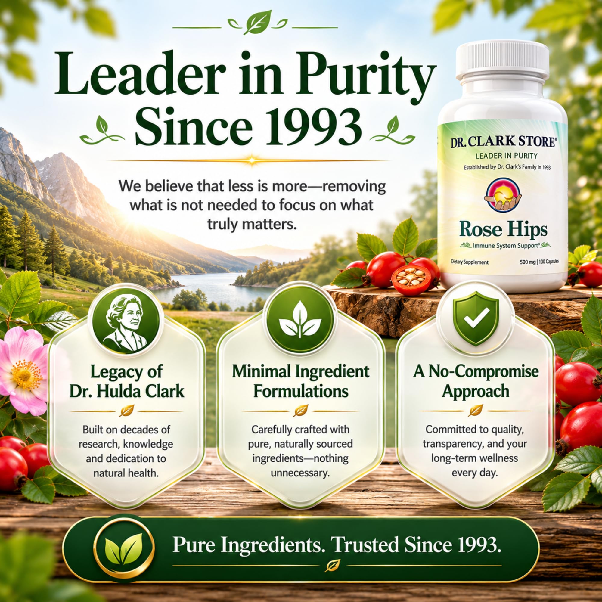 Dr Clark Store Rose Hips Blended Vitamin Supplement next to fresh rose hips