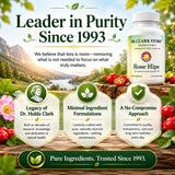 Dr Clark Store Rose Hips Blended Vitamin Supplement next to fresh rose hips