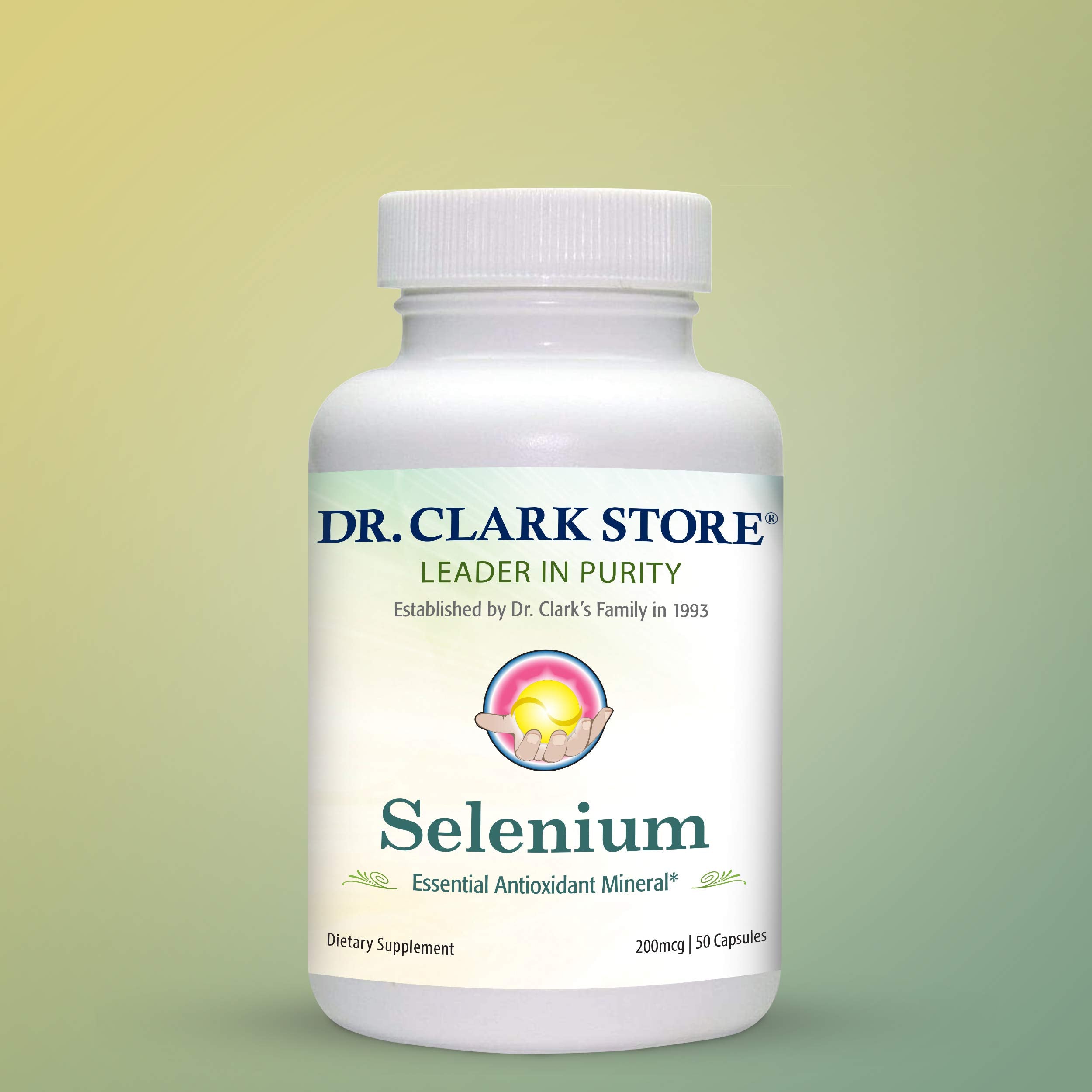 Dr Clark Store Selenium Supplement 200 Mcg bottle with rice flour background