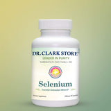 Dr Clark Store Selenium Supplement 200 Mcg bottle with rice flour background