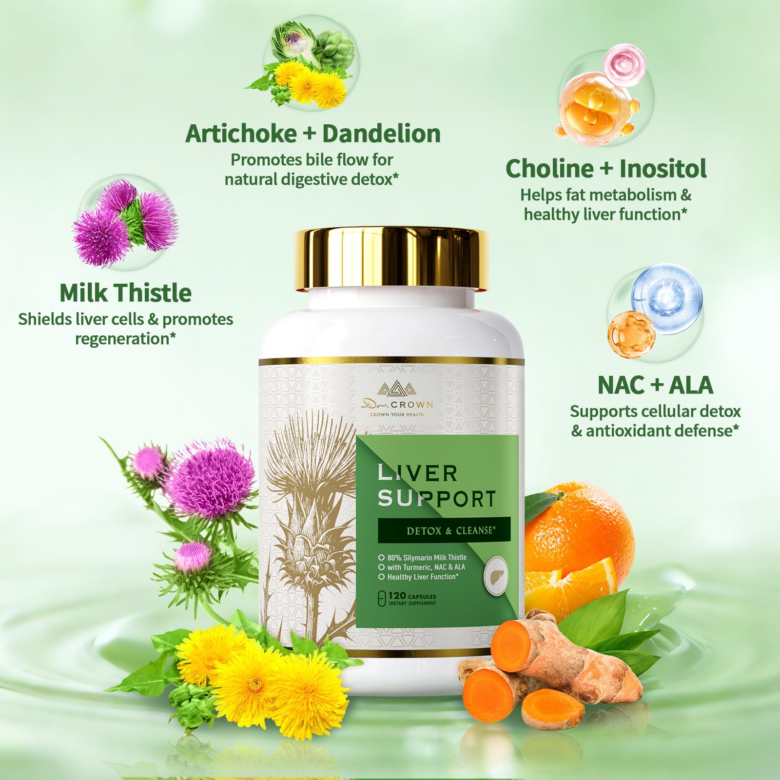 DR. CROWN Milk Thistle Extract Capsules on a wooden table