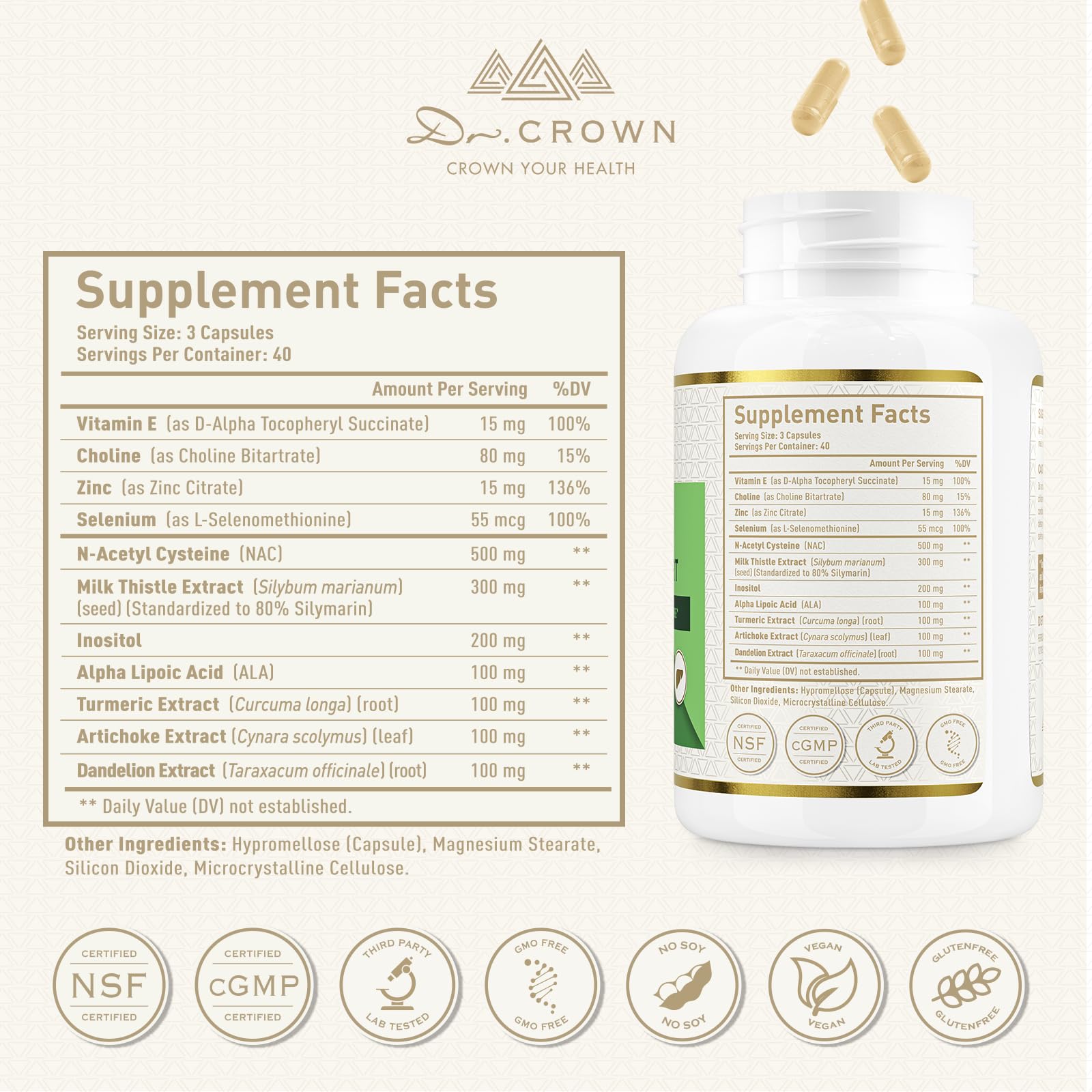 DR. CROWN Milk Thistle Supplement capsules on a wooden table