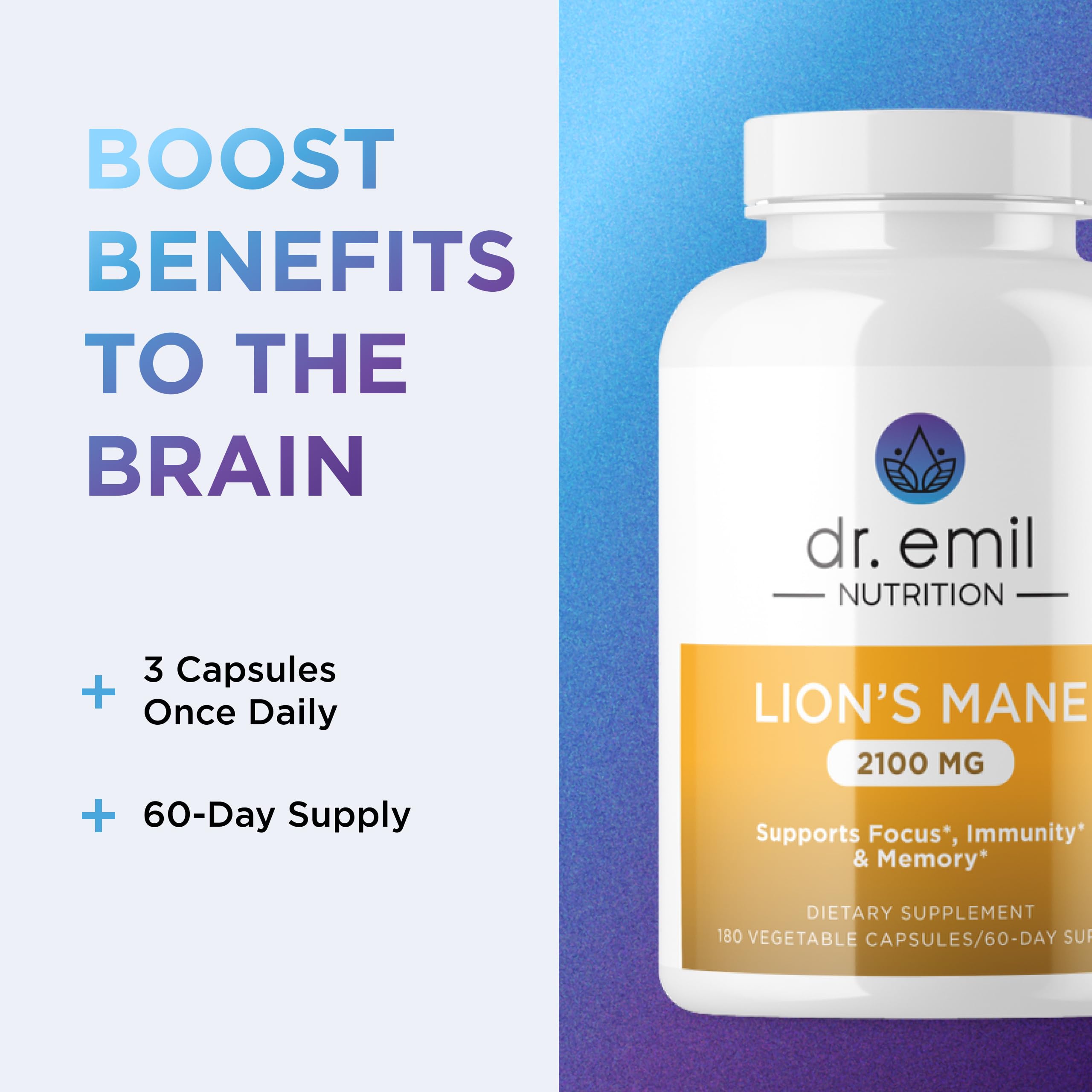 DR. EMIL NUTRITION Lion's Mane Mushroom Capsules with natural background