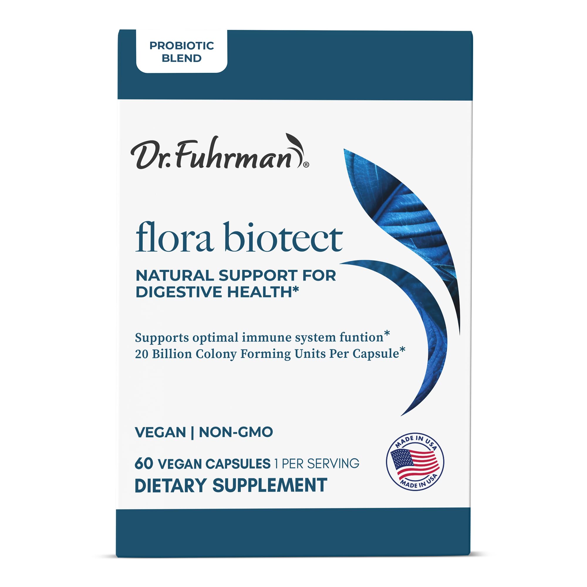Dr. Fuhrman Flora Biotect probiotic supplement on a wooden table