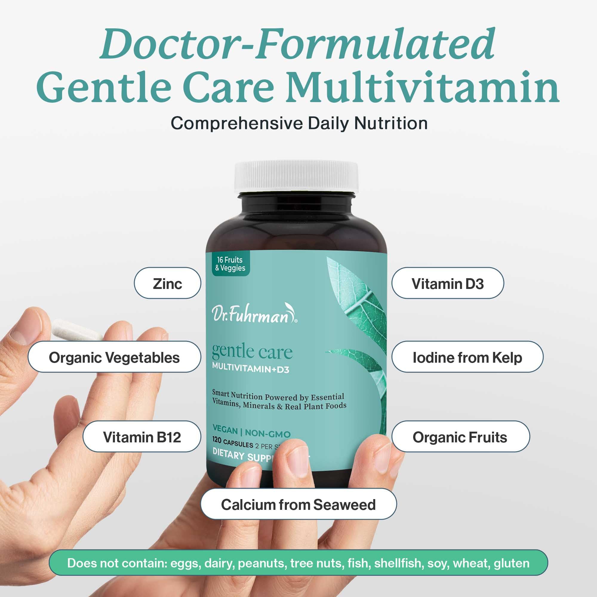 Dr. Fuhrman Gentle Care Multivitamin Supplement capsules on a table