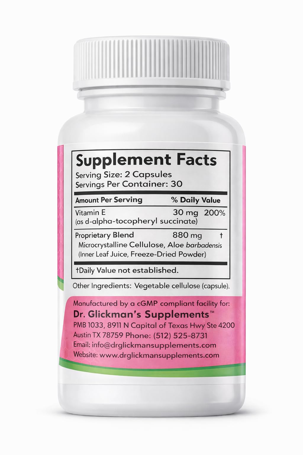 Dr. Glickman’s Aloe Vera Supplement bottle with label details