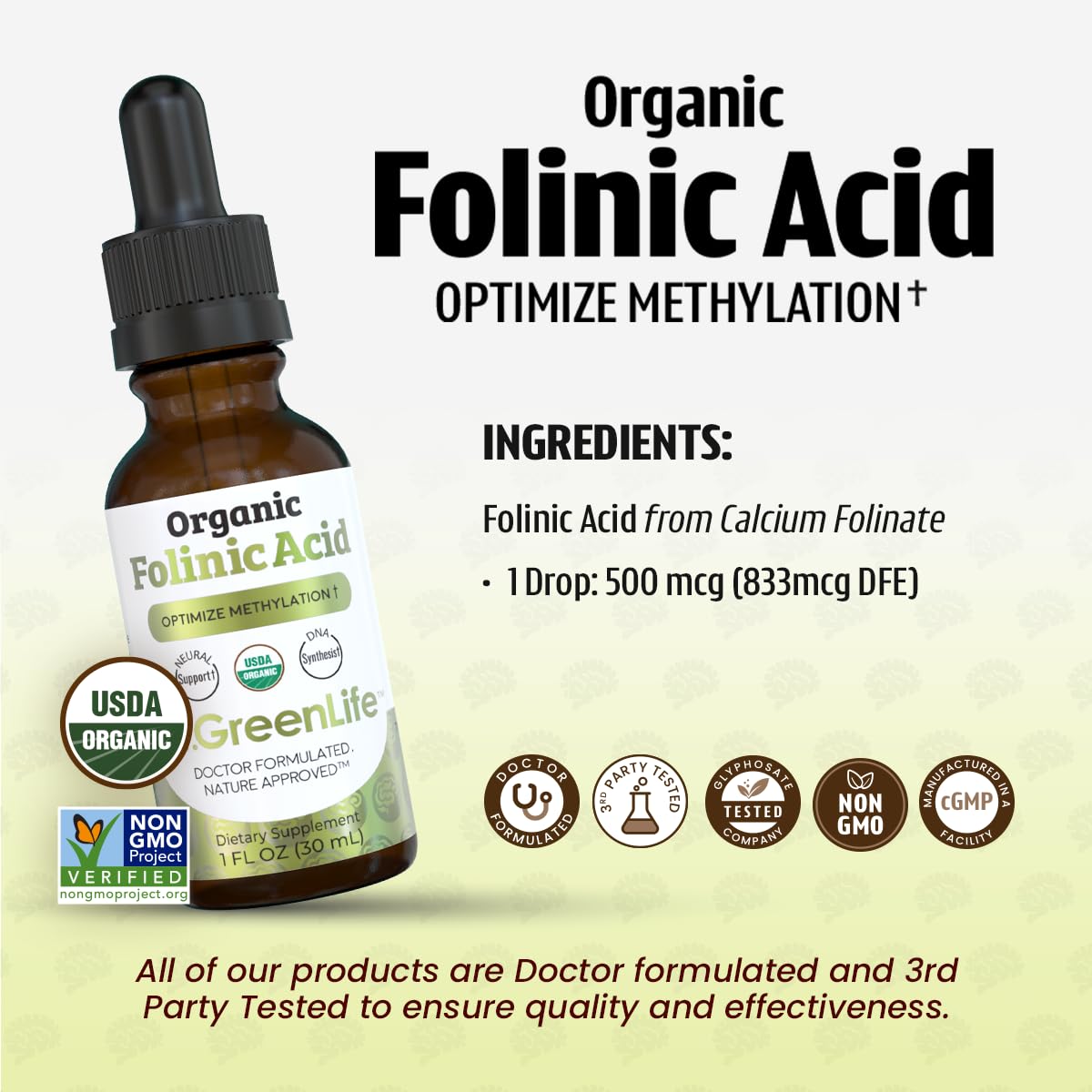 Dr. Green Mom Folinic Acid Drops on a kitchen counter