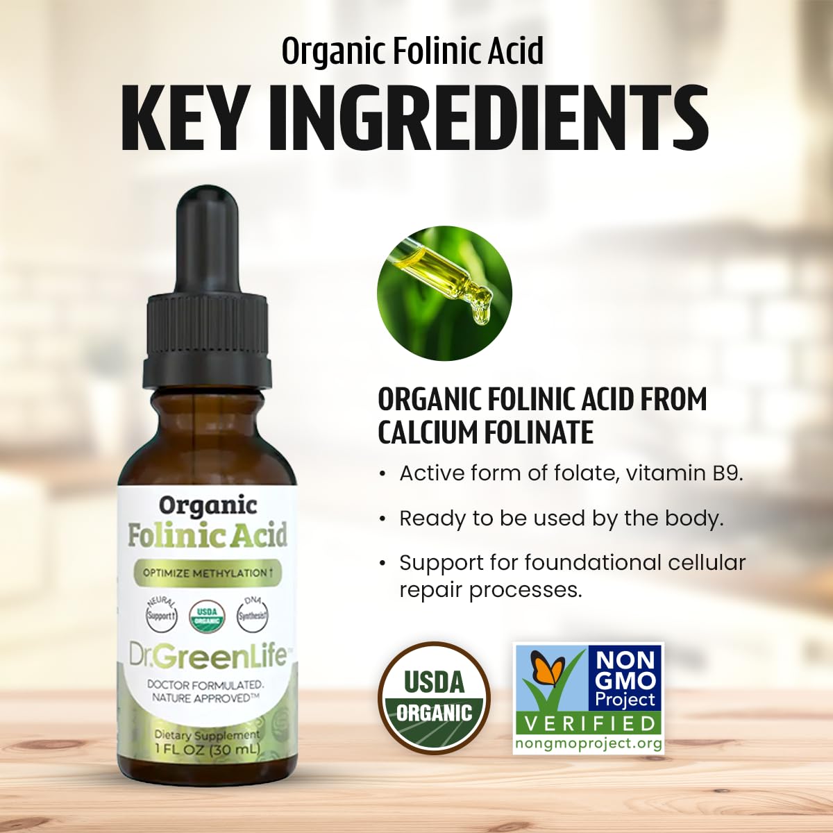 Dr. Green Mom Folinic Acid Drops with water glass