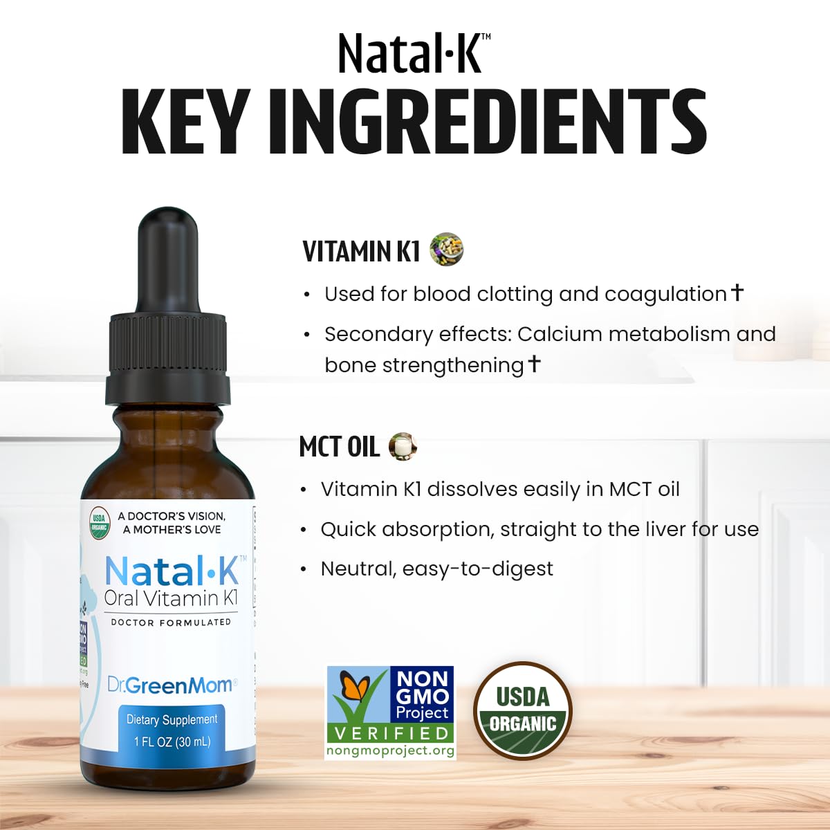 Dr. Green Mom Natal K Vitamin K1 Oral Drops packaging with dosage instructions