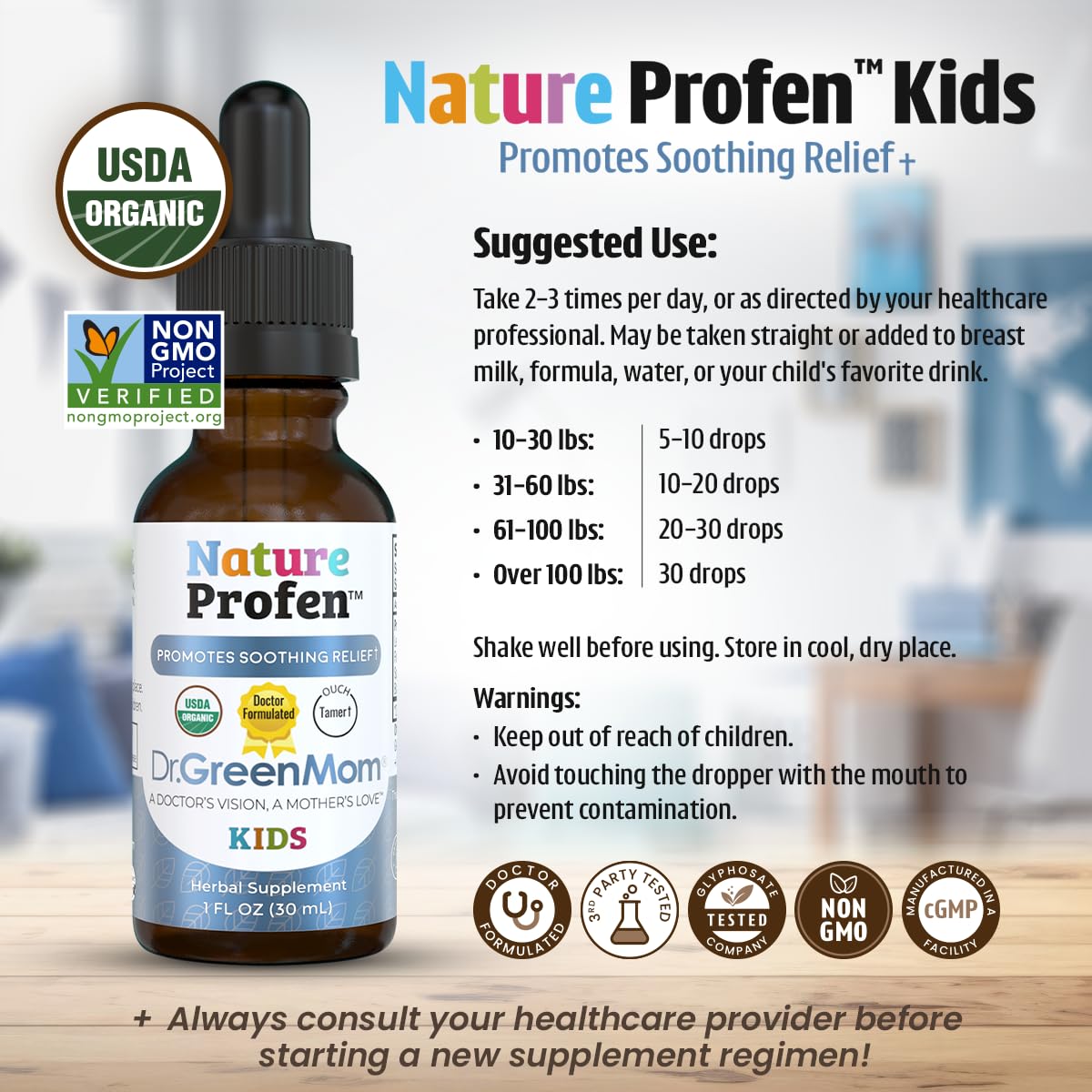 Dr. Green Mom Nature Profen Kids liquid herbal supplement dosage instructions