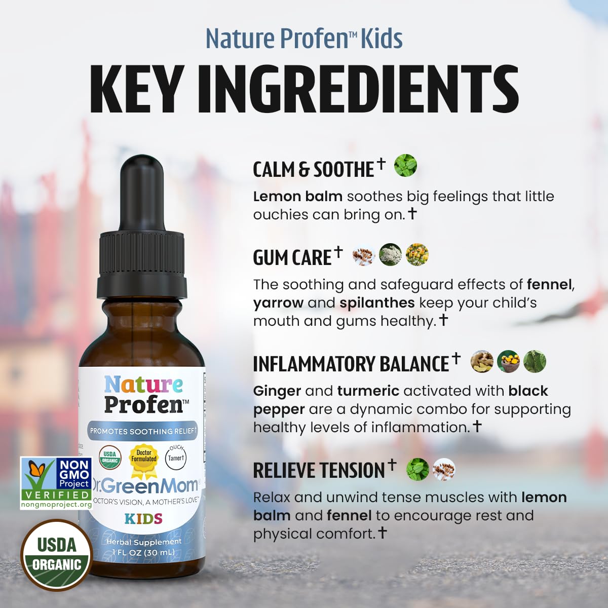 Dr. Green Mom Nature Profen Kids liquid herbal supplement ingredients close-up