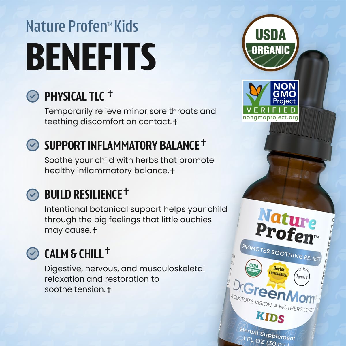 Dr. Green Mom Nature Profen Kids liquid herbal supplement side view
