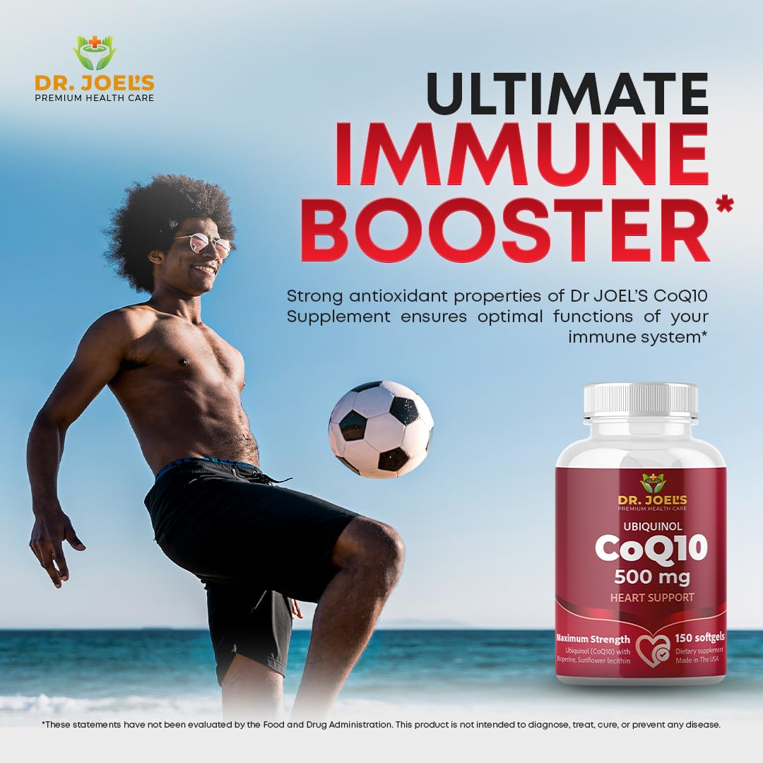 Dr. JOEL'S Coenzyme Q10 500mg supplement on a kitchen counter
