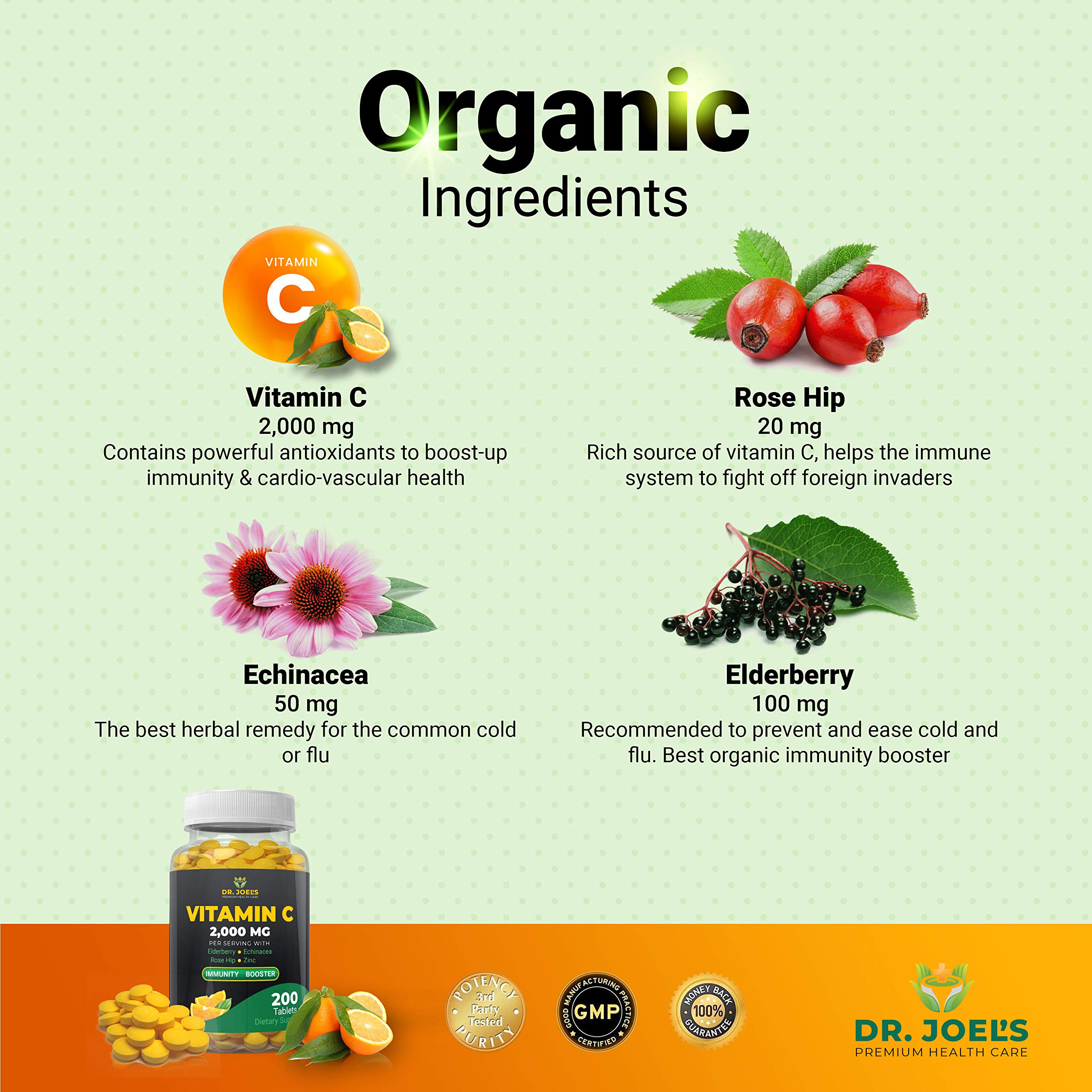 Dr. JOEL'S Vitamin C 2000 with Elderberry close-up of tablet