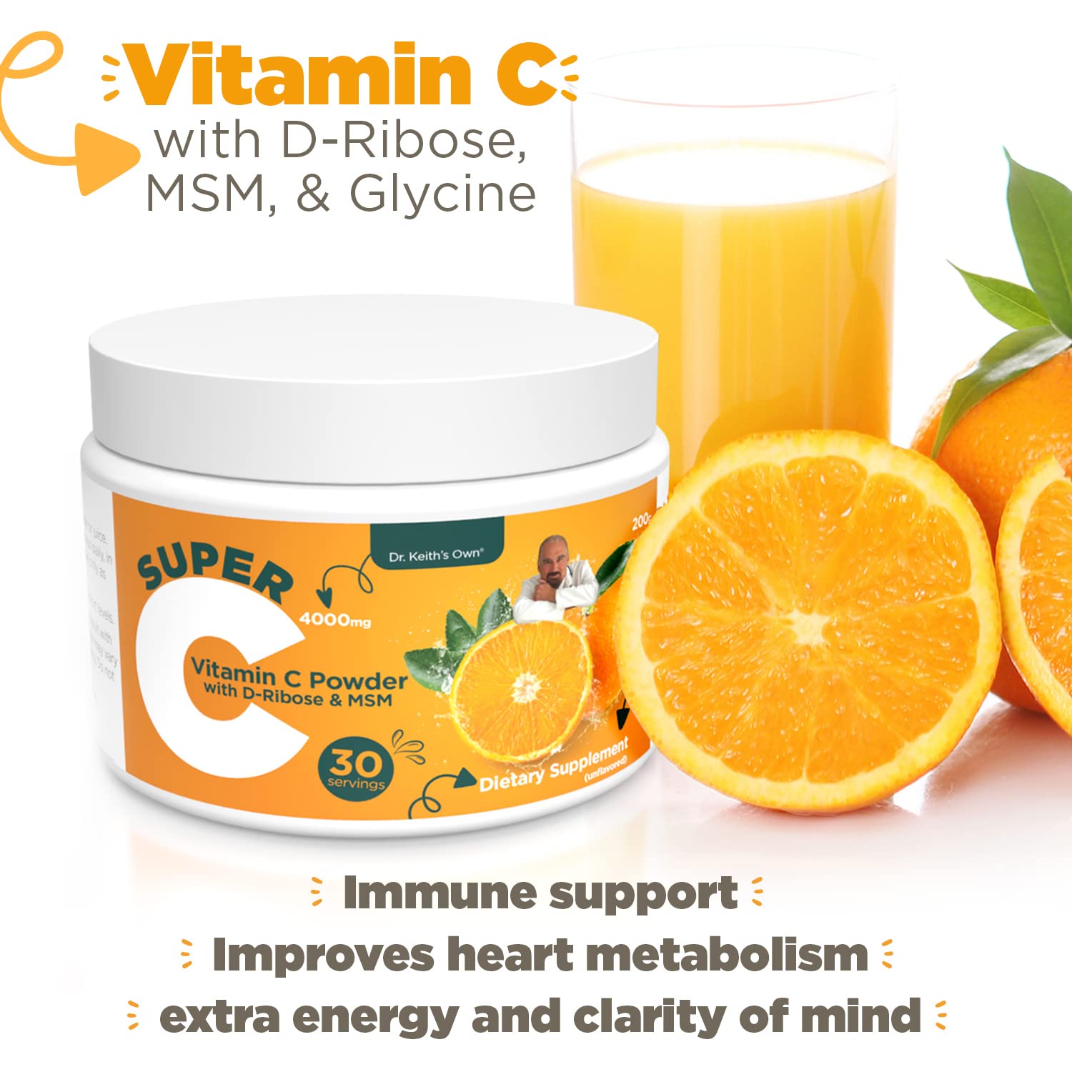 Dr. Keith's Own Vitamin C Powder jar on kitchen counter