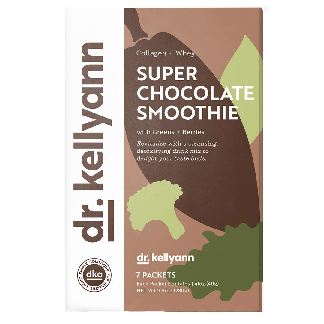 Dr. Kellyann Super Chocolate Collagen Smoothie powder in a glass