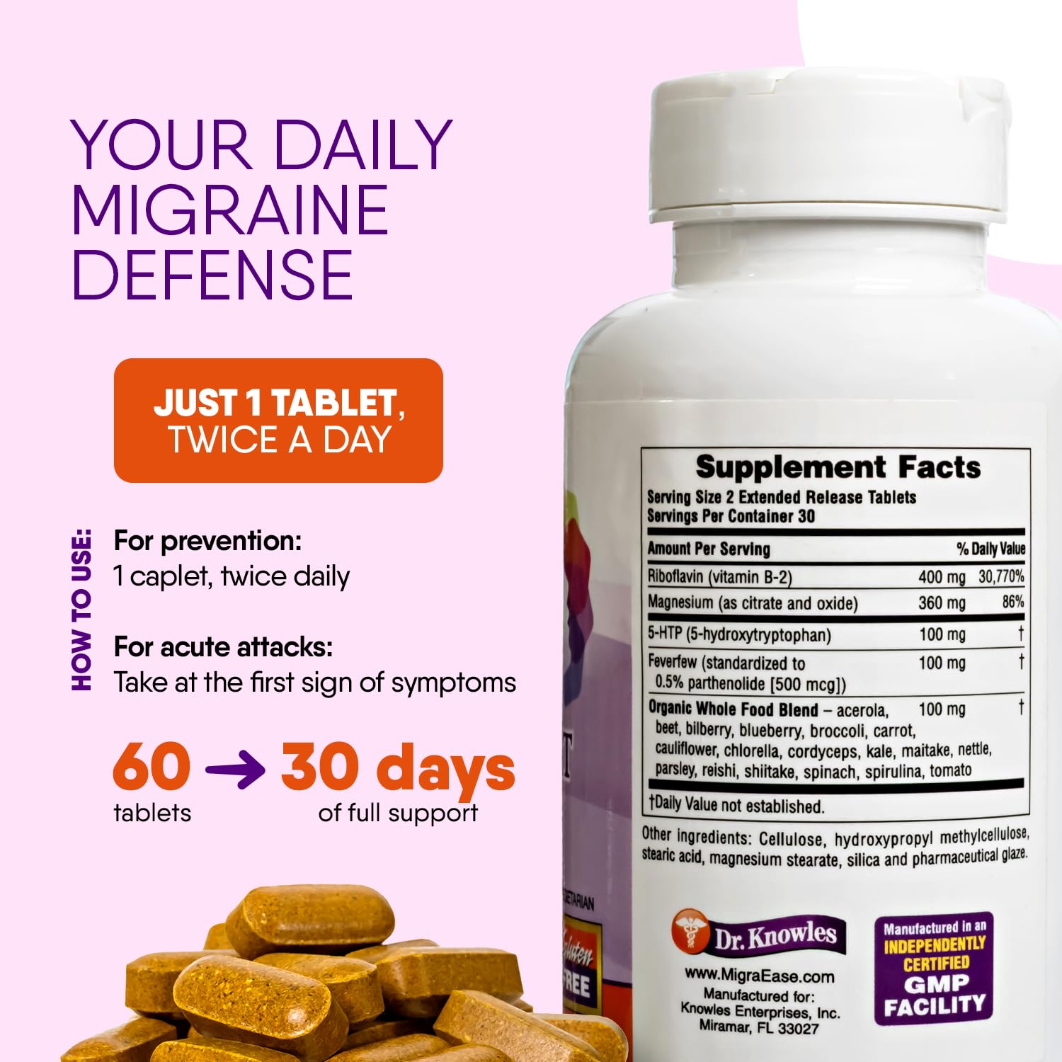 DR. KNOWLES Migraine Support Supplement bottle with caplets on table