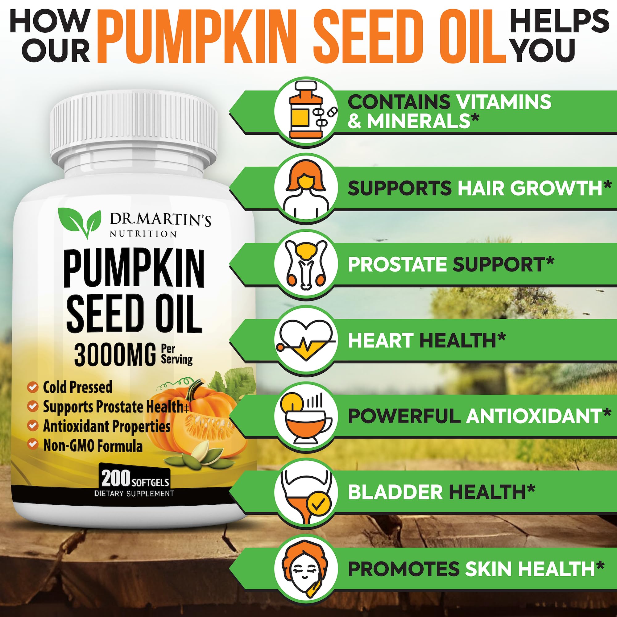 DR. MARTIN'S NUTRITION Omega 3-6-9 Pumpkin Seed Oil bottle side view