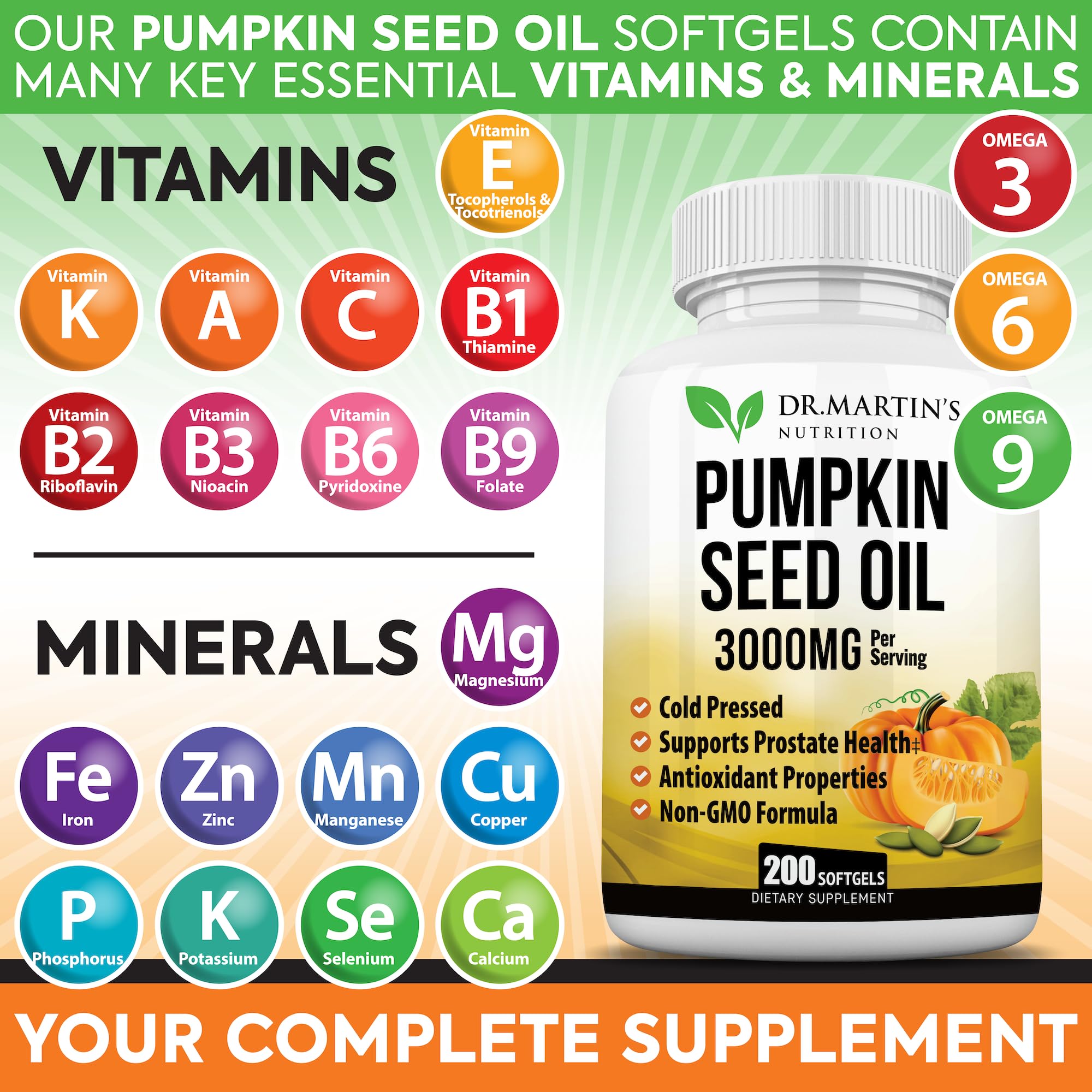 DR. MARTIN'S NUTRITION Omega 3-6-9 Pumpkin Seed Oil softgels on a wooden background