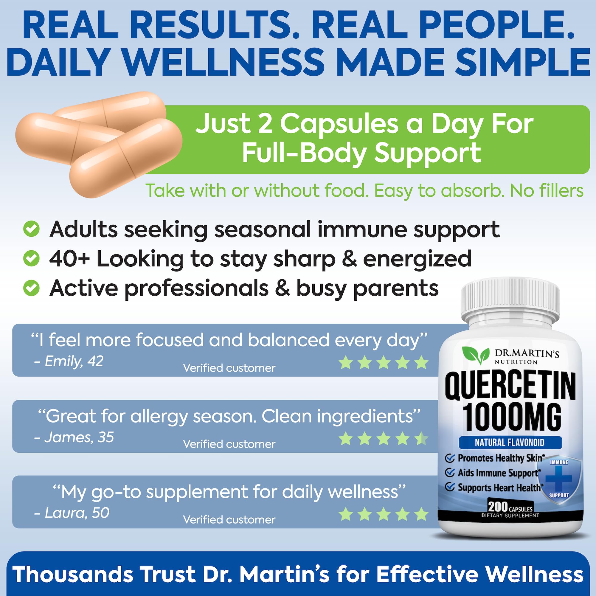 DR. MARTIN'S NUTRITION Quercetin 1000mg supplement on a wooden table