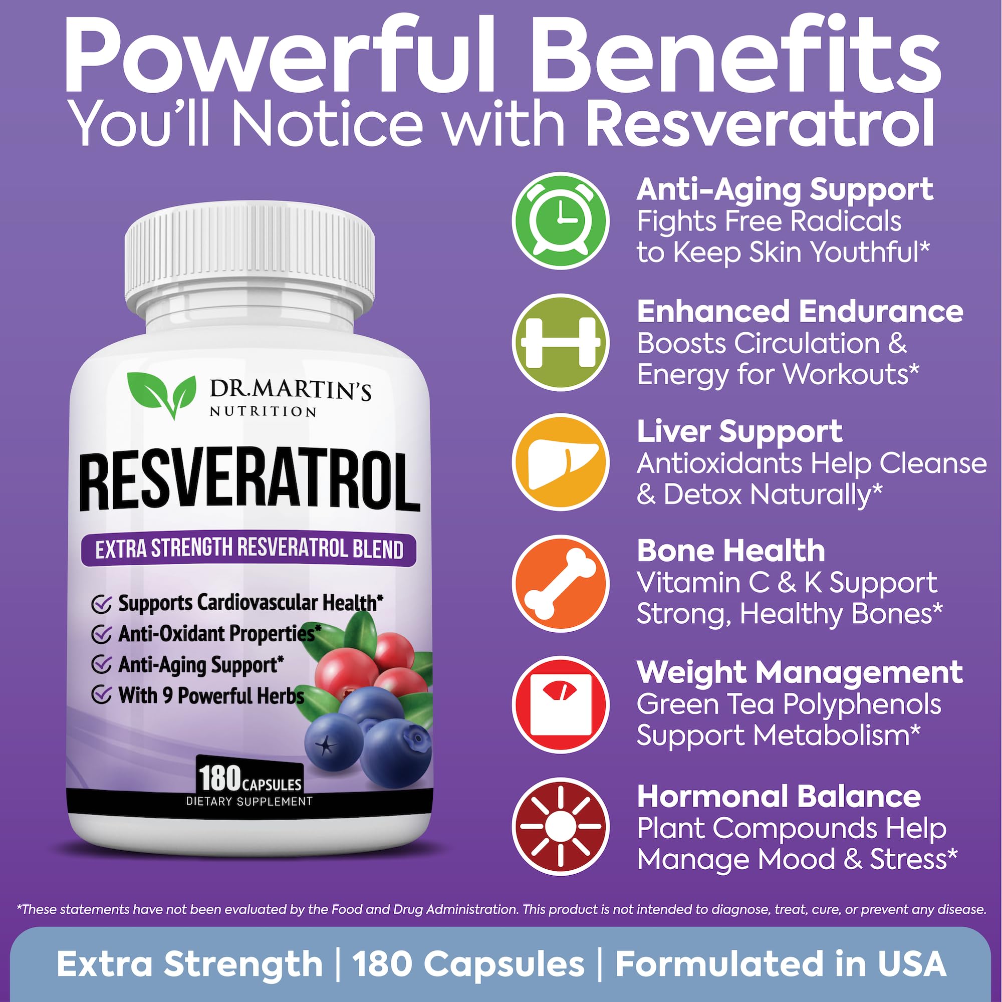 DR. MARTIN'S NUTRITION Resveratrol Supplement side view with ingredients list