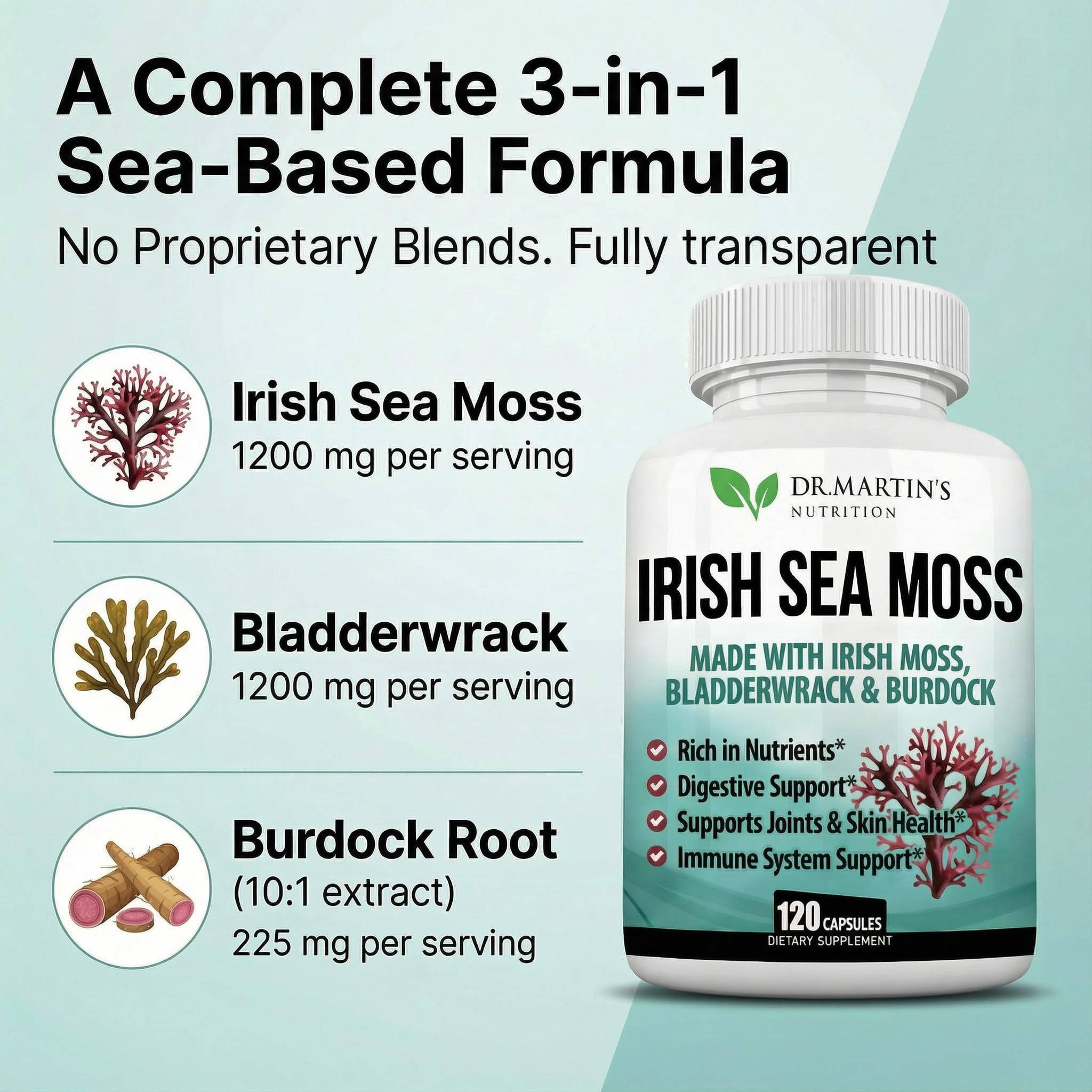 DR. MARTIN'S NUTRITION Sea Moss Trio Capsules on a wooden table
