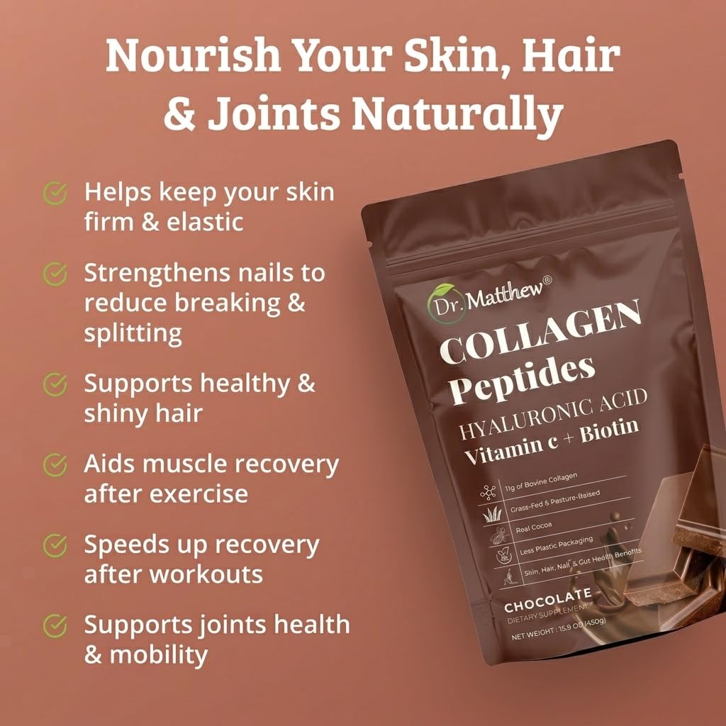 Dr. Matthew Chocolate Collagen Protein Powder in a kitchen setting