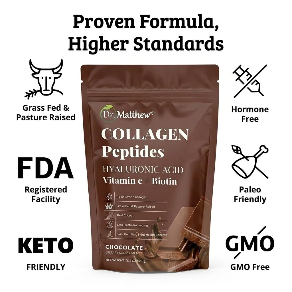 Dr. Matthew Chocolate Collagen Protein Powder on a marble countertop