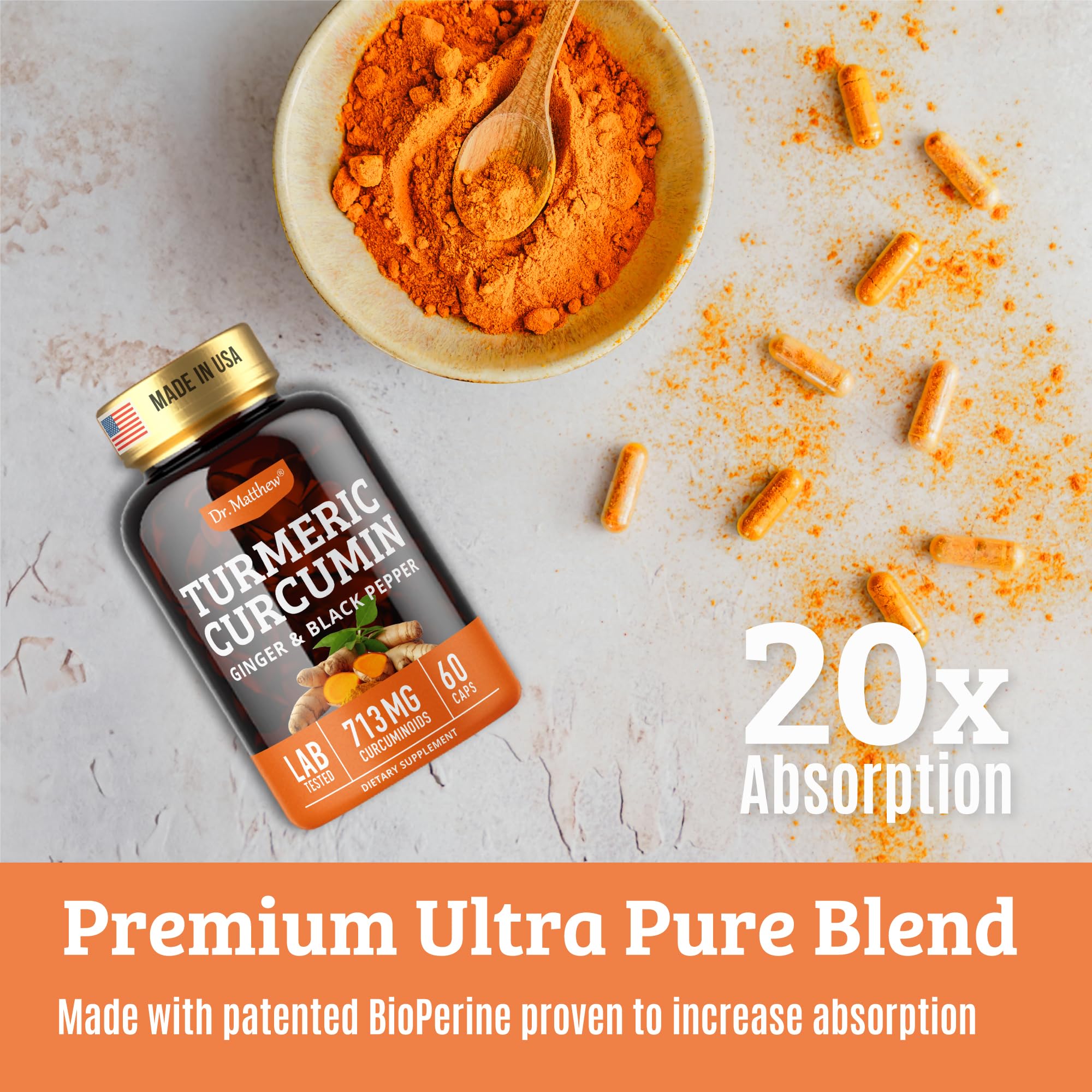Dr. Matthew Turmeric Curcumin 1000mg Capsules on a wooden table