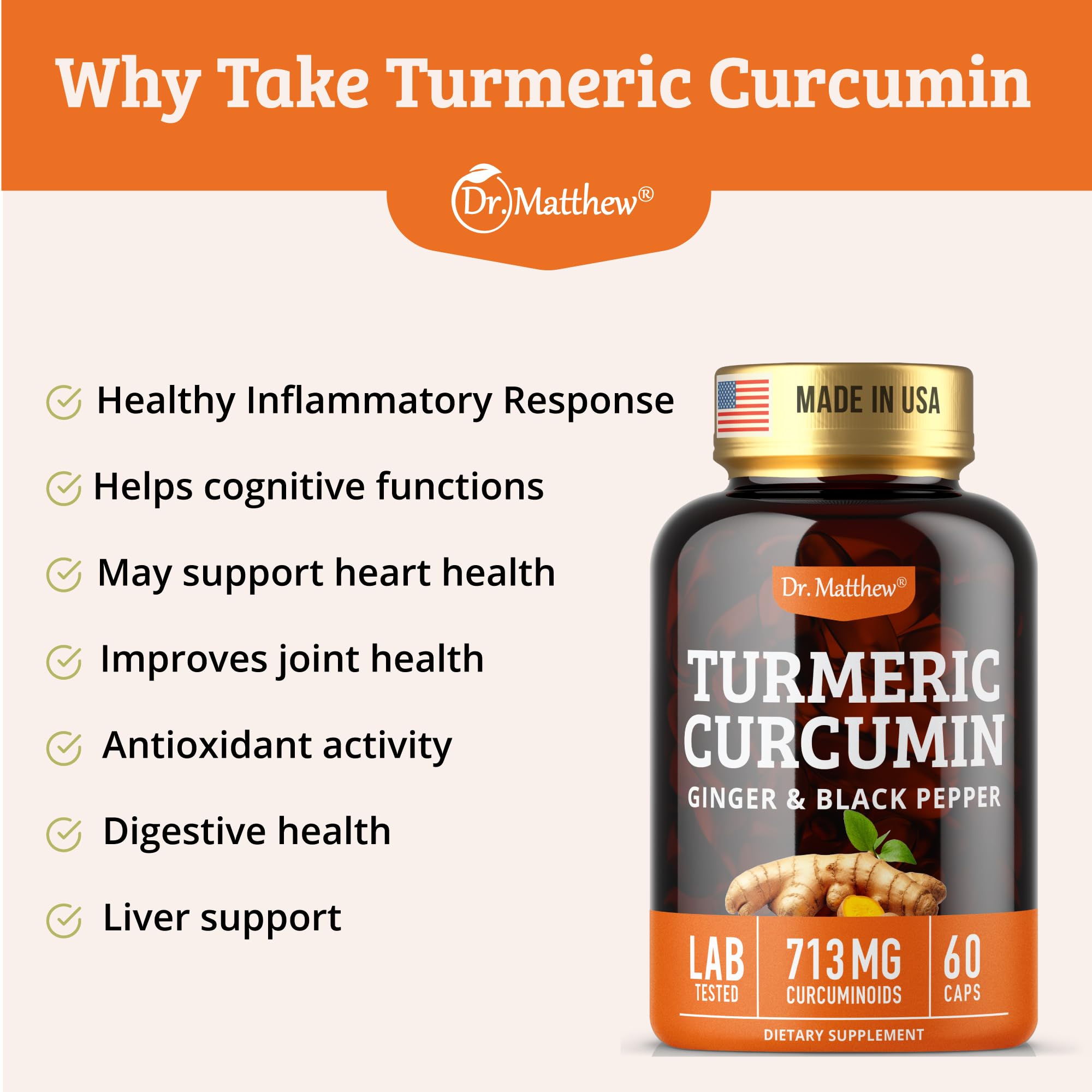 Dr. Matthew Turmeric Curcumin 1000mg Capsules with Bioperine label