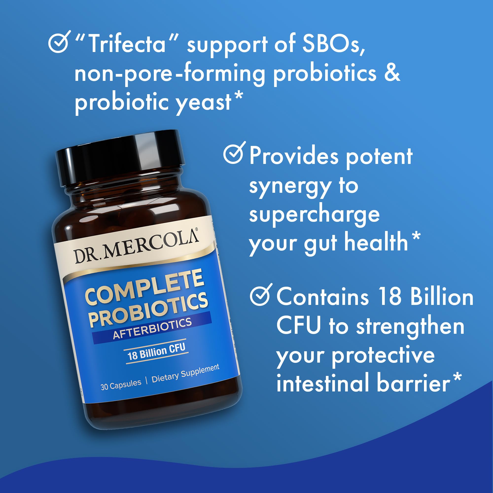 Dr. Mercola Complete Afterbiotics probiotic capsules on a wooden table