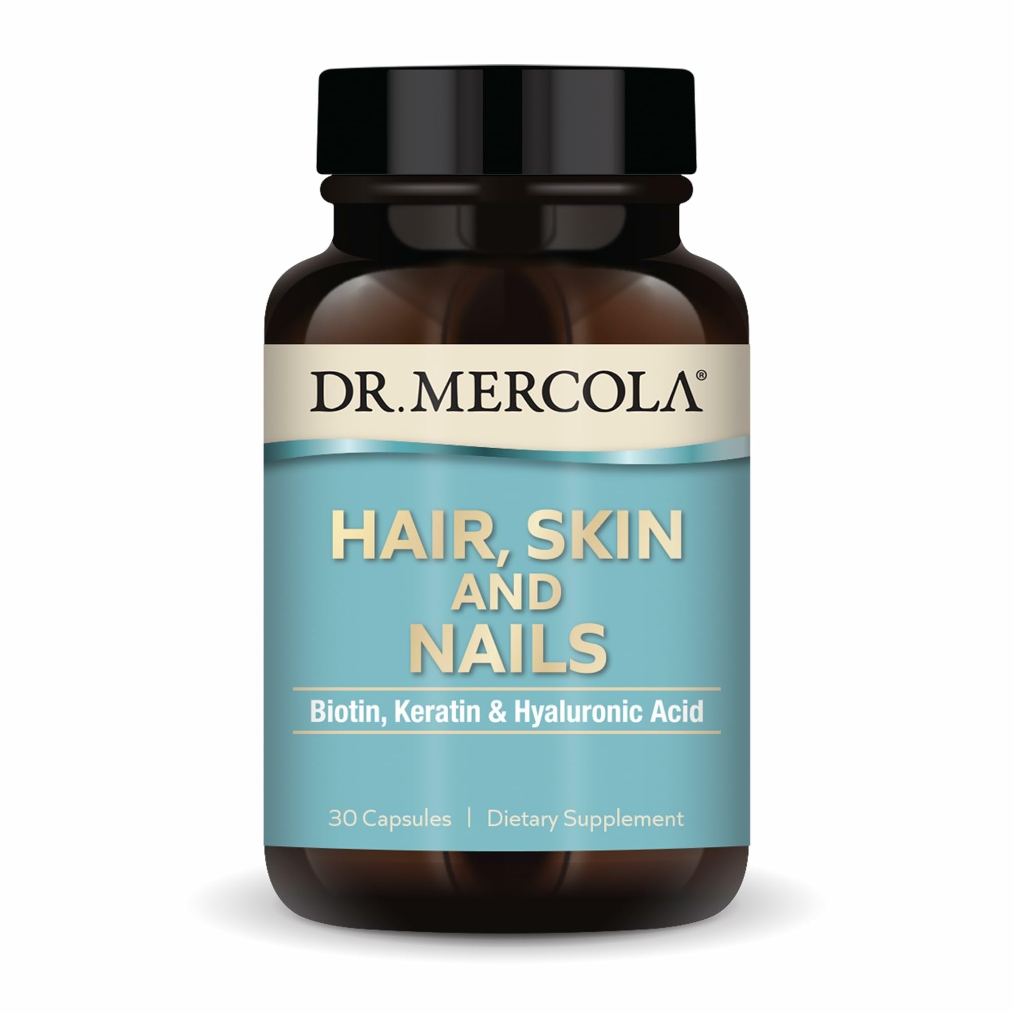 Dr. Mercola Hair, Skin & Nails Supplement front view with 90 capsules