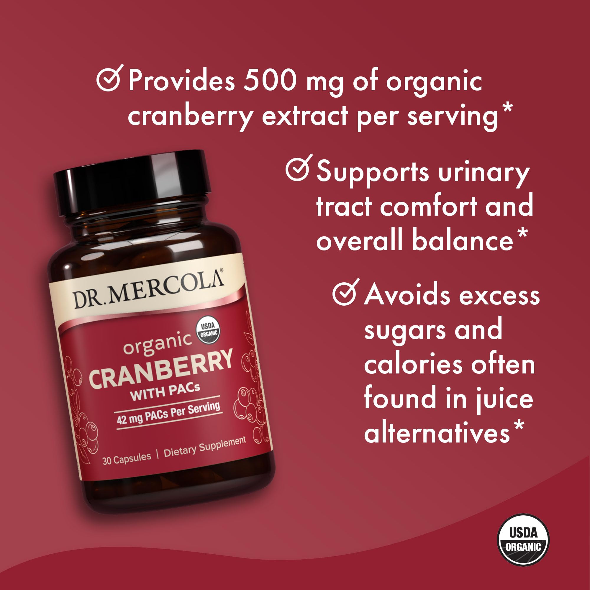 Dr. Mercola Organic Cranberry Supplement 500mg bottle side view
