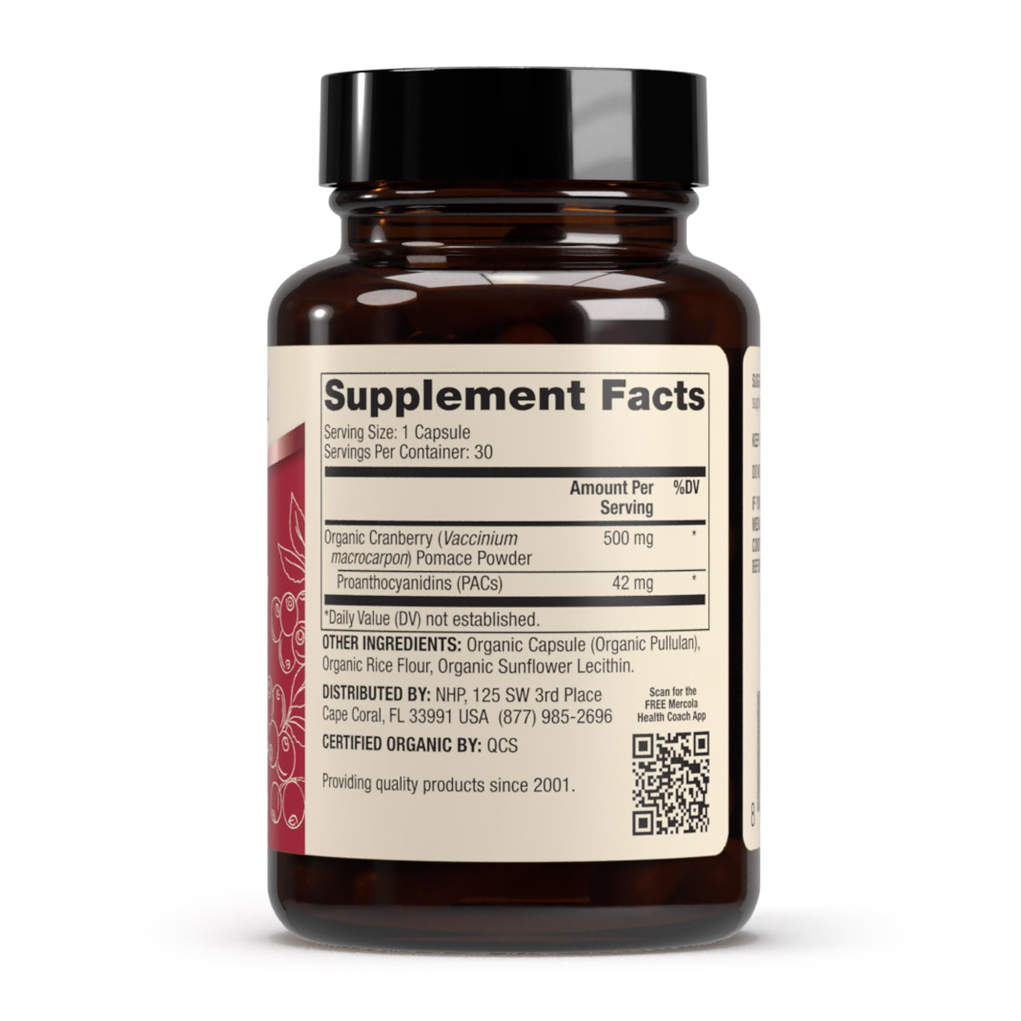 Dr. Mercola Organic Cranberry Supplement 500mg capsule close-up