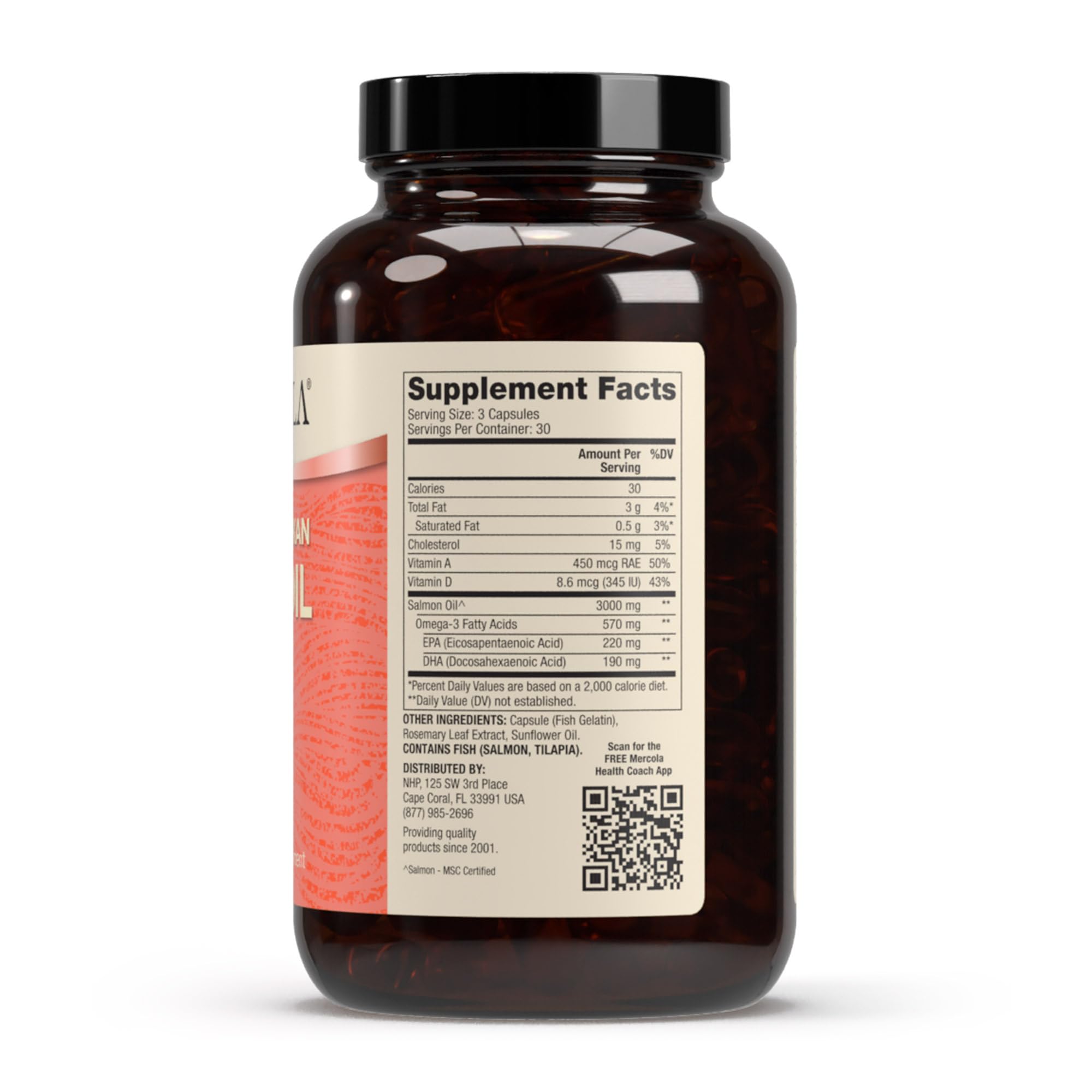 Dr. Mercola Wild Caught Salmon Oil supplement bottle side view