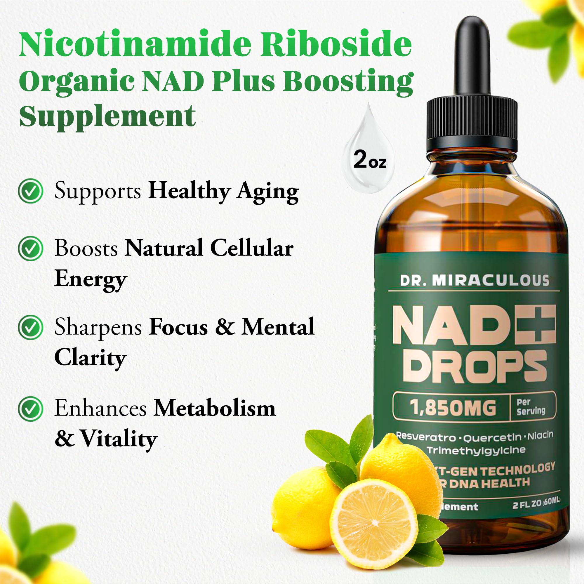 Dr. Miraculous NAD+ Drop liquid supplement back view with nutritional information