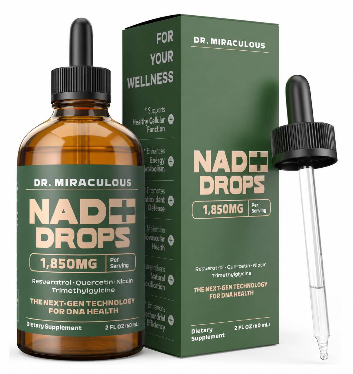 Dr. Miraculous NAD+ Drop liquid supplement front view with packaging